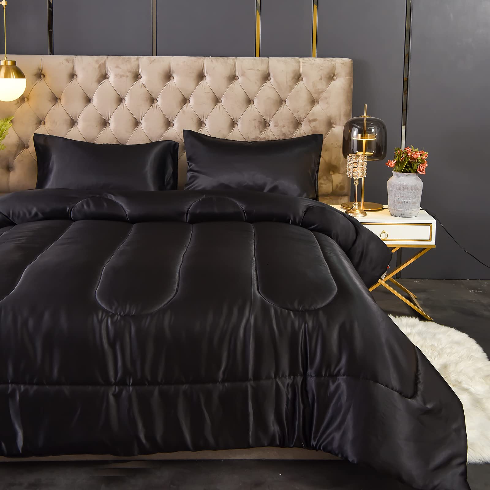 Luxury Satin Comforter Set - Black King Size Down Alternative Bedding | Silk-Like Softness | 1 Comforter + 2 Pillowcases | Perfect for Master Bedroom & Guest Room Decor