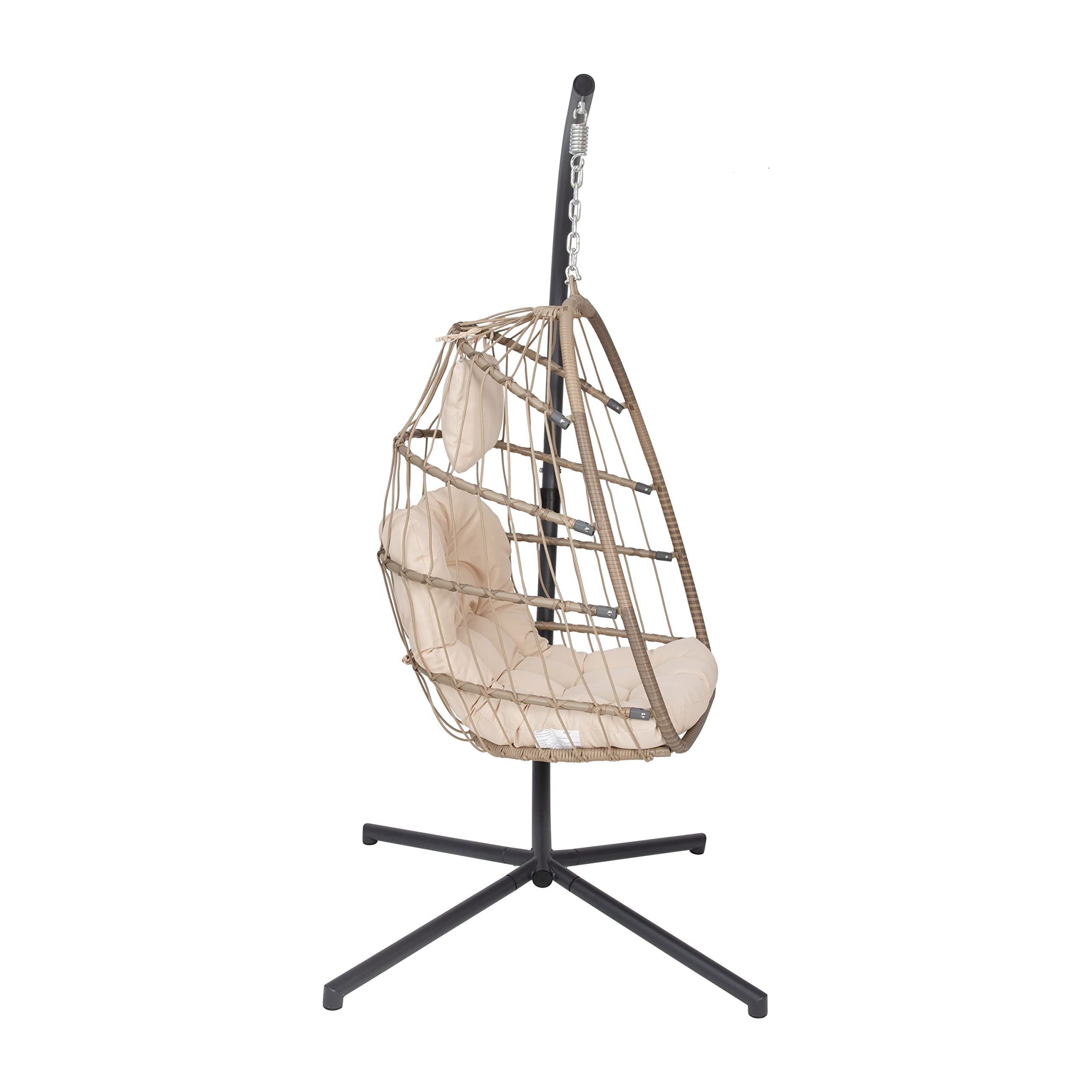 EMMA + OLIVER Awen Hanging Egg Chair with Stand - Natural Woven Polyethylene Rattan, Black Steel Frame & Removable Cream Cushions - Foldable Outdoor Swing Chair for Patio, Garden, Backyard Relaxation
