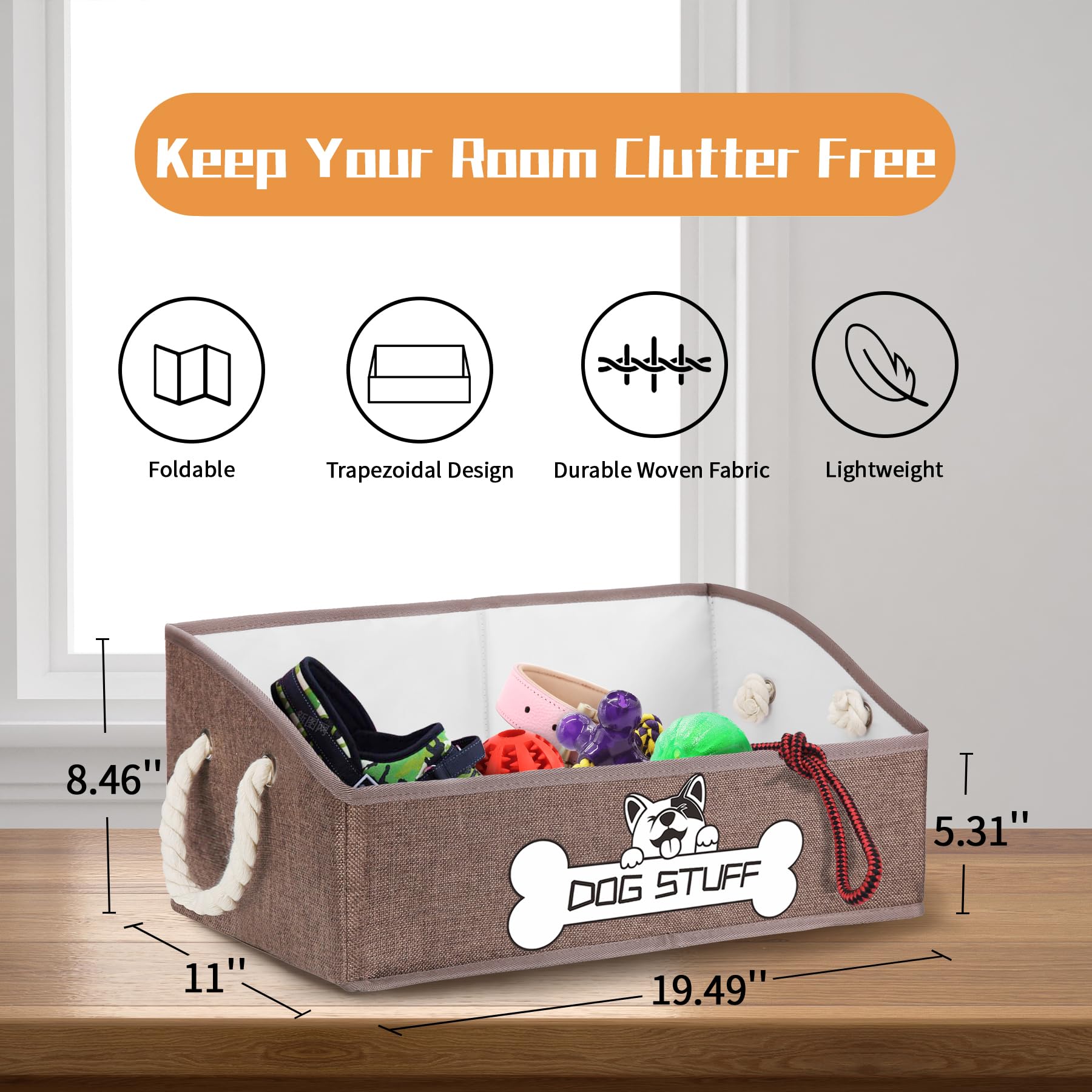 Foldable Fabric Pet Toy Storage Box with Handle - Collapsible Trapezoid Organizer for Dog Toys, Blankets & Accessories, Coffee Brown | Perfect for Living Room, Bedroom & Pet Play Area Organization