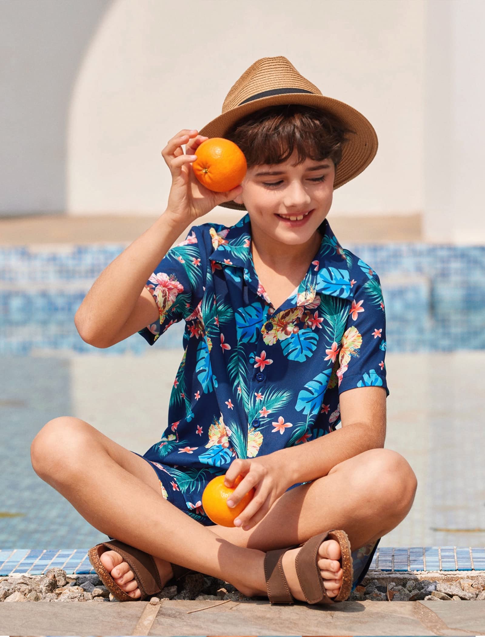 Arshiner Boys 2-Piece Hawaiian Outfit Set - Button Down Shirt & Shorts for Summer Beach Vacation | Tropical Casual Wear for Kids Ages 4-12 | Perfect for Pool Parties, Family Trips & Outdoor Adventures
