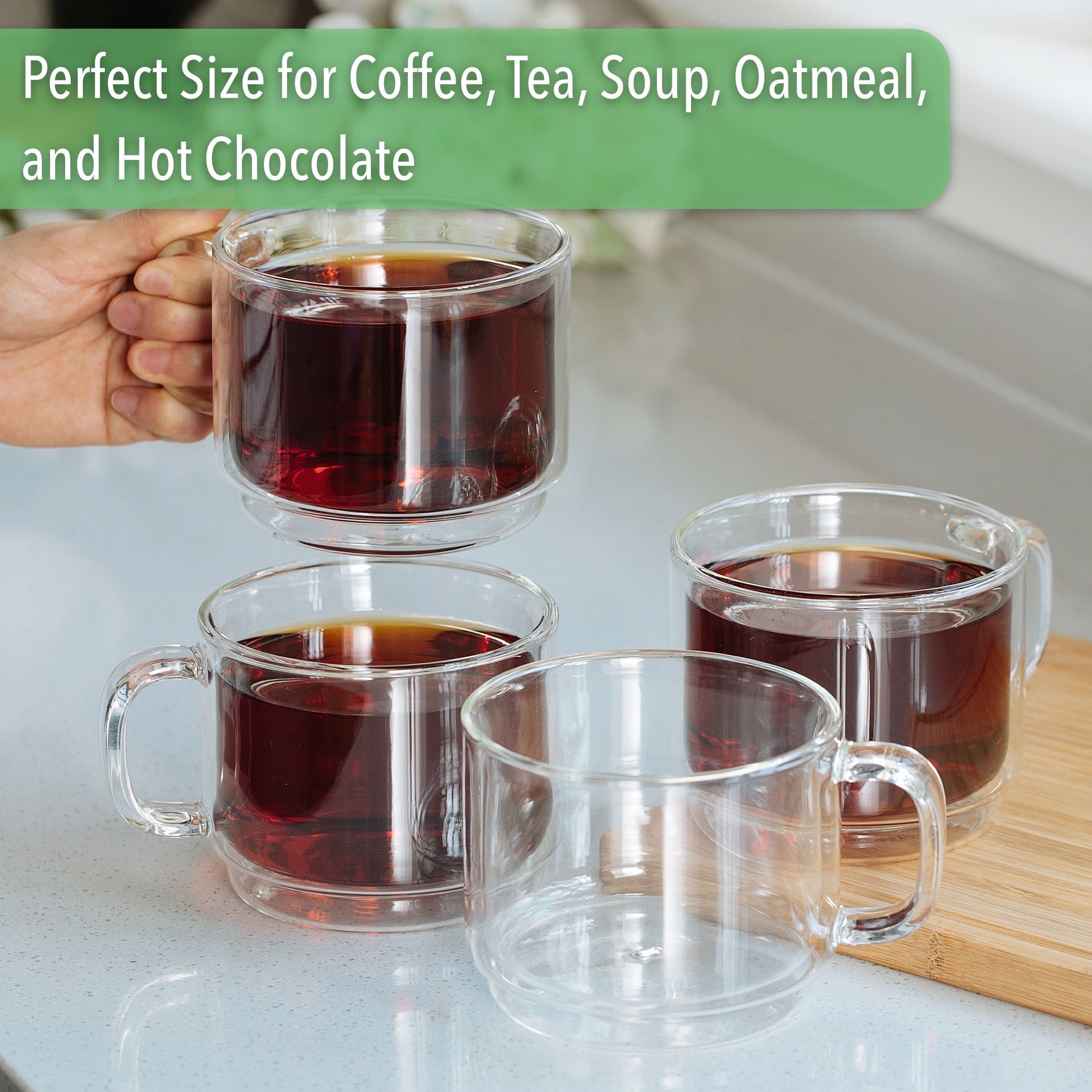 BTaT Stackable Insulated Coffee Mugs - Set of 4 (16oz/500ml) Double Wall Glass Cups for Coffee, Tea & Latte - Clear Glass Coffee Mugs for Home, Office & Travel - Perfect for Hot & Cold Beverages