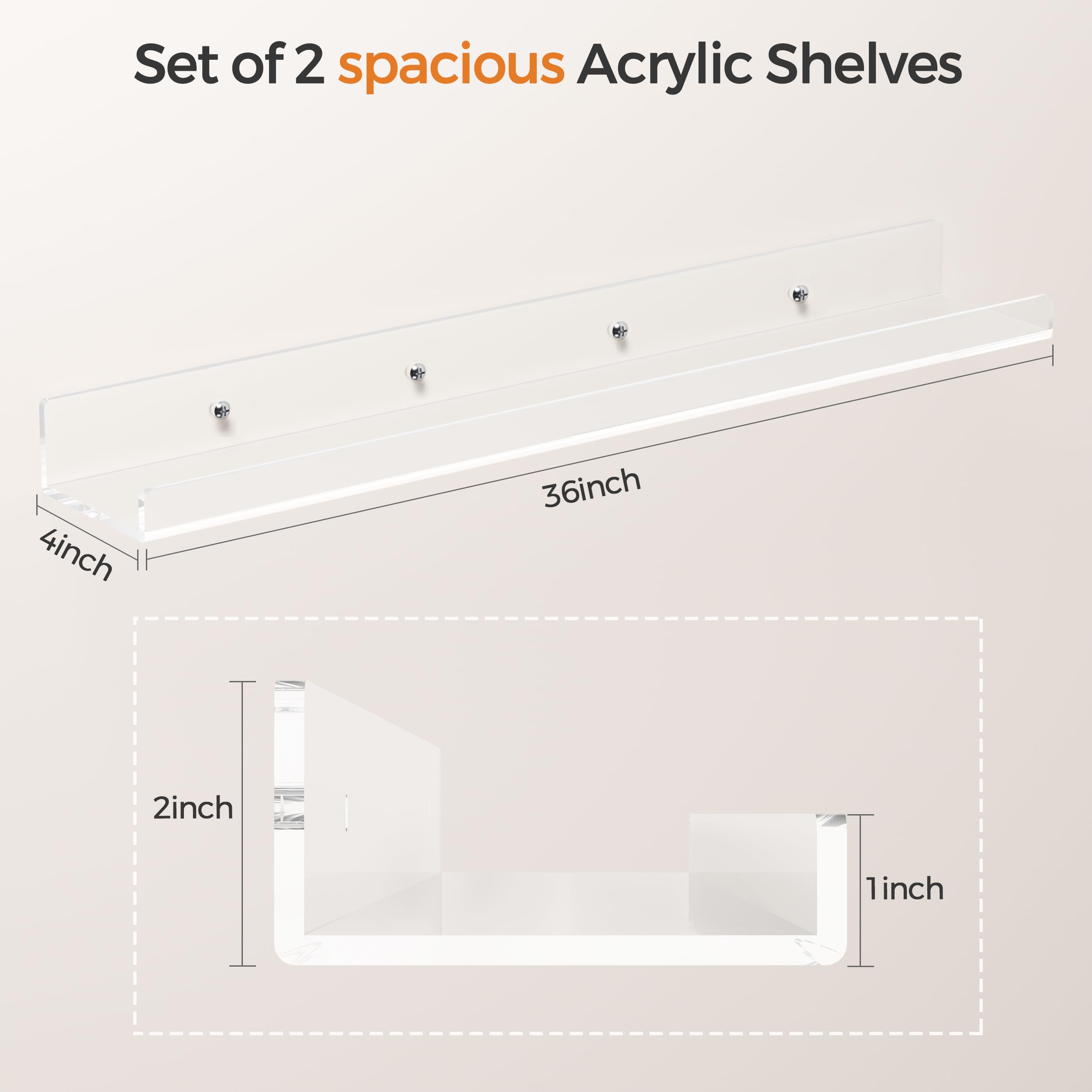 2 Pack 36 Inch Clear Acrylic Floating Shelves - Wall Mounted Picture Ledge Display Rack for Books, Photo Frames & Home Decor - Perfect for Living Room, Bedroom & Office Organization