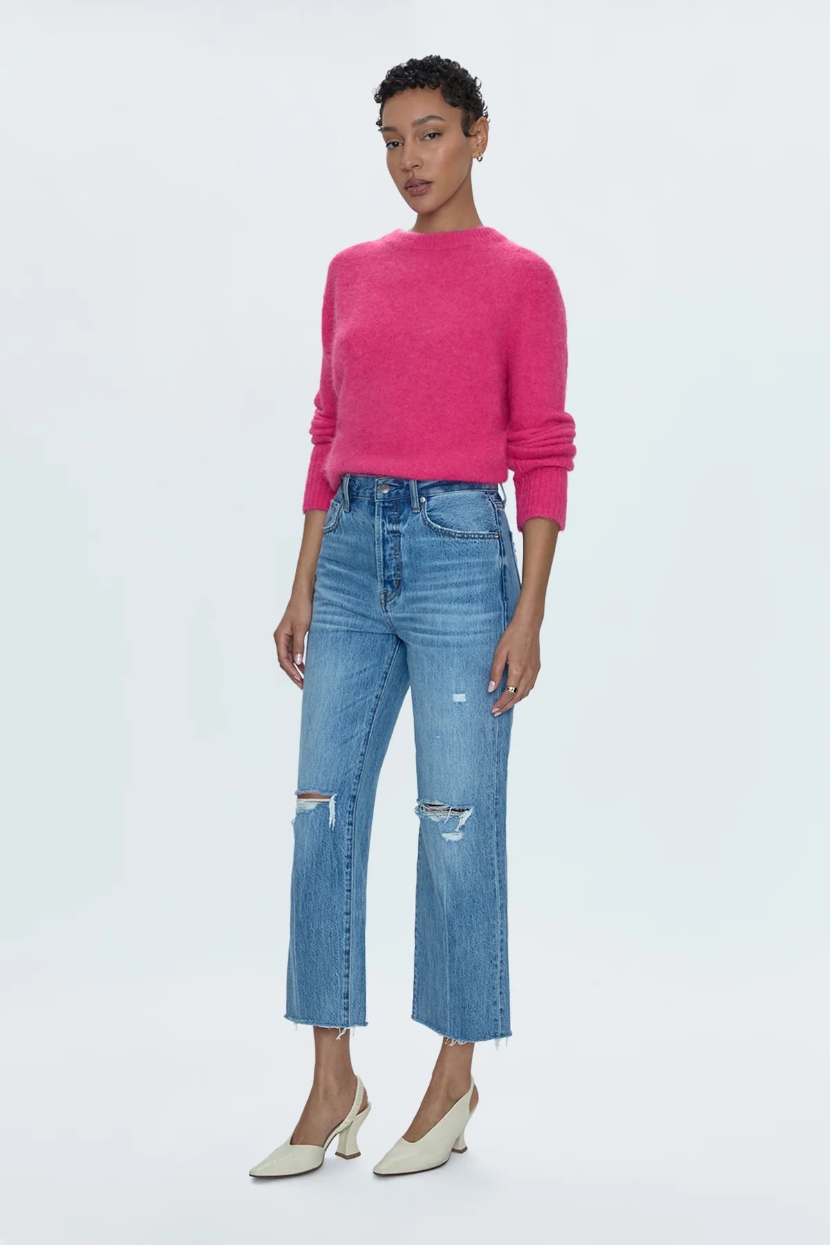Cassie Crop Jeans - Women's High Waisted Distressed Denim Jeans in Bushwick Wash | Perfect for Casual Outfits & Streetwear Fashion