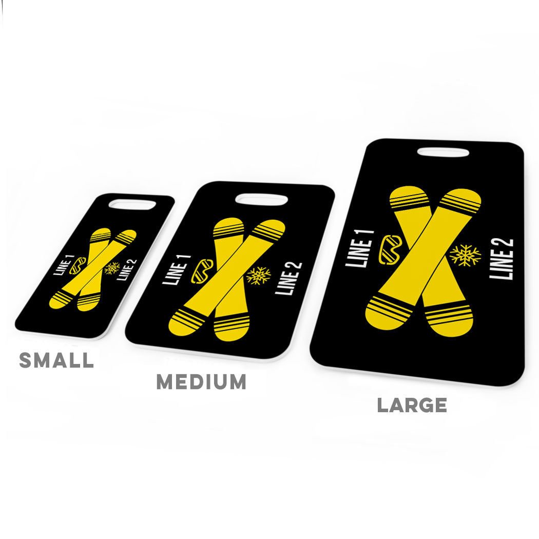 Personalized Snowboard Luggage Tag with Crossed Boards Design - Large Black & Yellow Bag Tag for Travel | Perfect for Ski Trips & Winter Vacations
