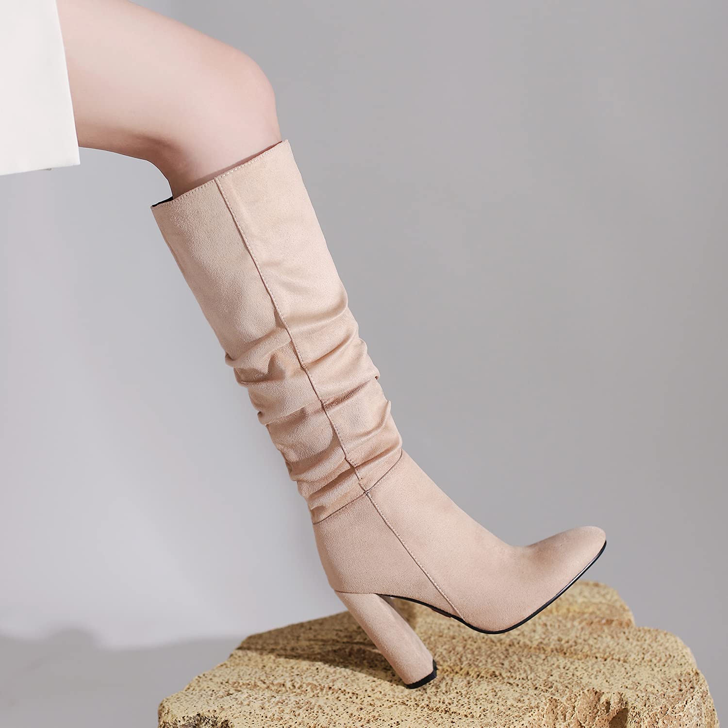 MOOMMO Women's Chunky High Heel Knee High Boots - Round Toe Stretch Suede Leather Pull On Fashion Long Boots with Pleated Block Heel - Comfortable Dressy Wedding & Party Boots (US 4-11) - Perfect for Evening Events, Date Nights and Formal Occasions