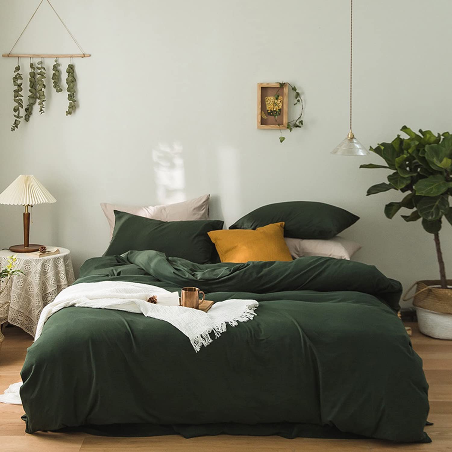 Mixinni Olive Green Jersey Duvet Cover King Size - 100% Knitted Cotton 3-Piece Bedding Set with Zipper Closure & Corner Ties - Breathable Soft Summer Bedding for Women - Perfect for Master Bedroom, Guest Room & Dorm Decor