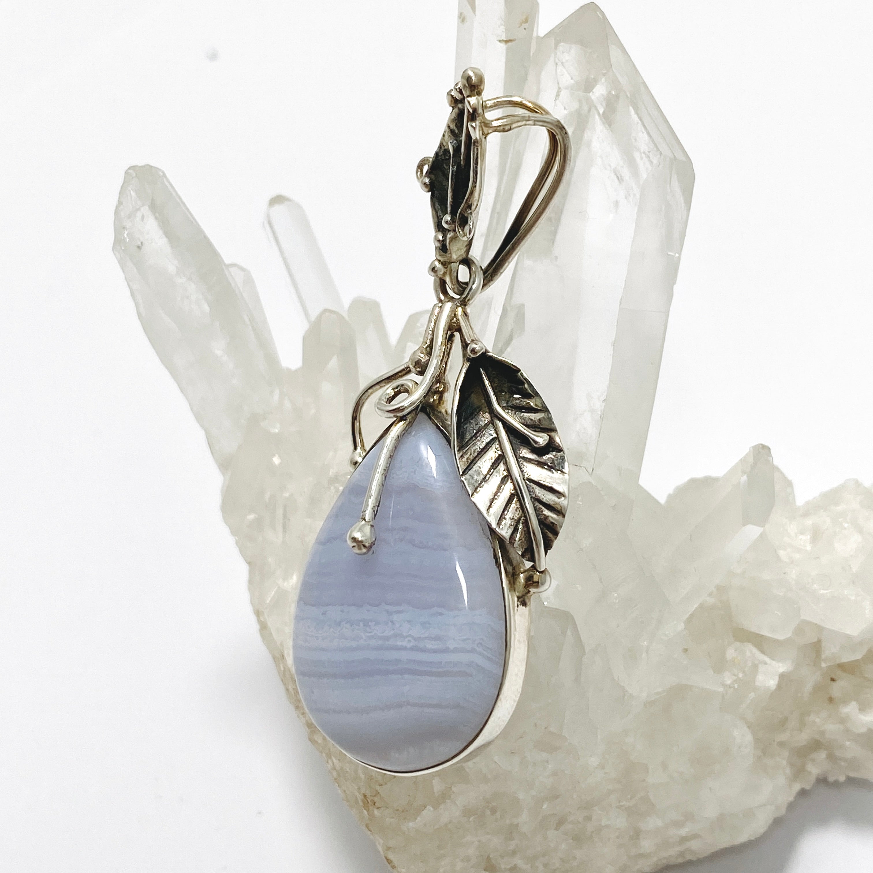 Blue Lace Agate Teardrop Cabochon Pendant Necklace - Natural Stone Jewelry with Botanical Setting PPGJ989 - Perfect for Boho Style, Meditation & Spiritual Healing