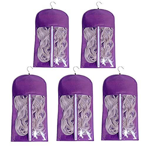 5pcs Purple Wig Bags+5pcs Black Hangers