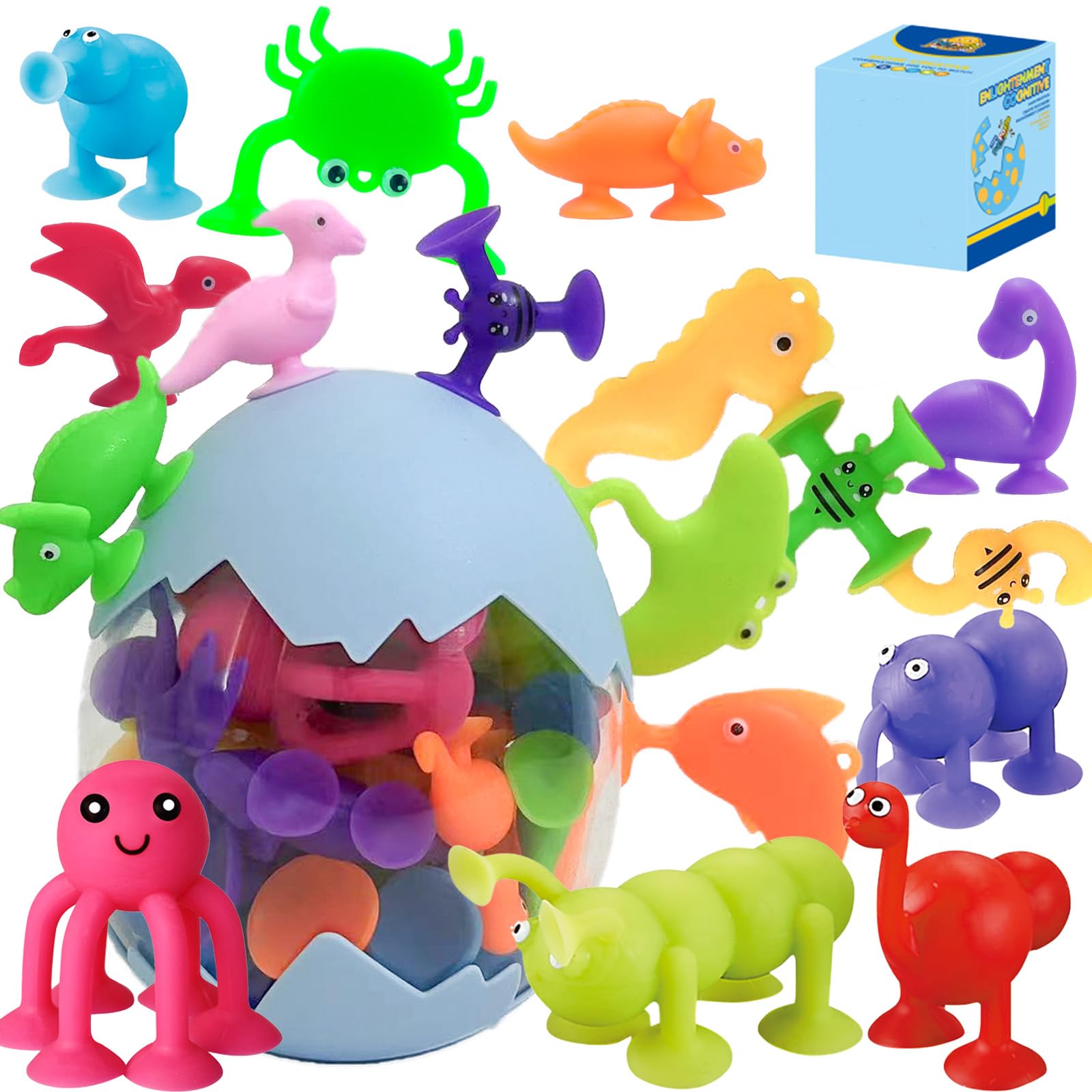 32 Pcs Dinosaur Bath Toys for Toddlers Ages 3-6 - Fun Sensory & Suction Cup Travel Toys for Boys & Girls - Includes Waterproof Eggshell Storage Case - Perfect for Bathtime, Pool Play & Sensory Development
