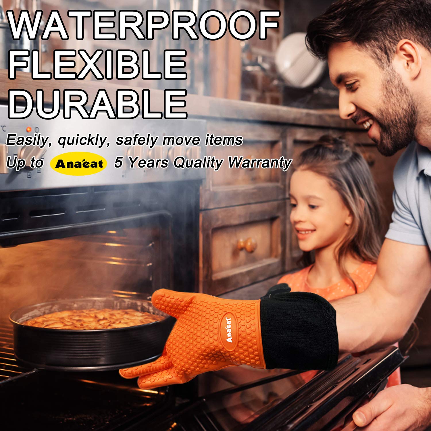 Heat Resistant BBQ Grilling Gloves - Waterproof Oven Mitts with Cotton Lining for Barbecue, Baking & Cooking - Flexible Silicone Potholder with Long Wrist Protection (Orange) - Perfect for Outdoor Grilling, Kitchen Baking & Hot Food Handling