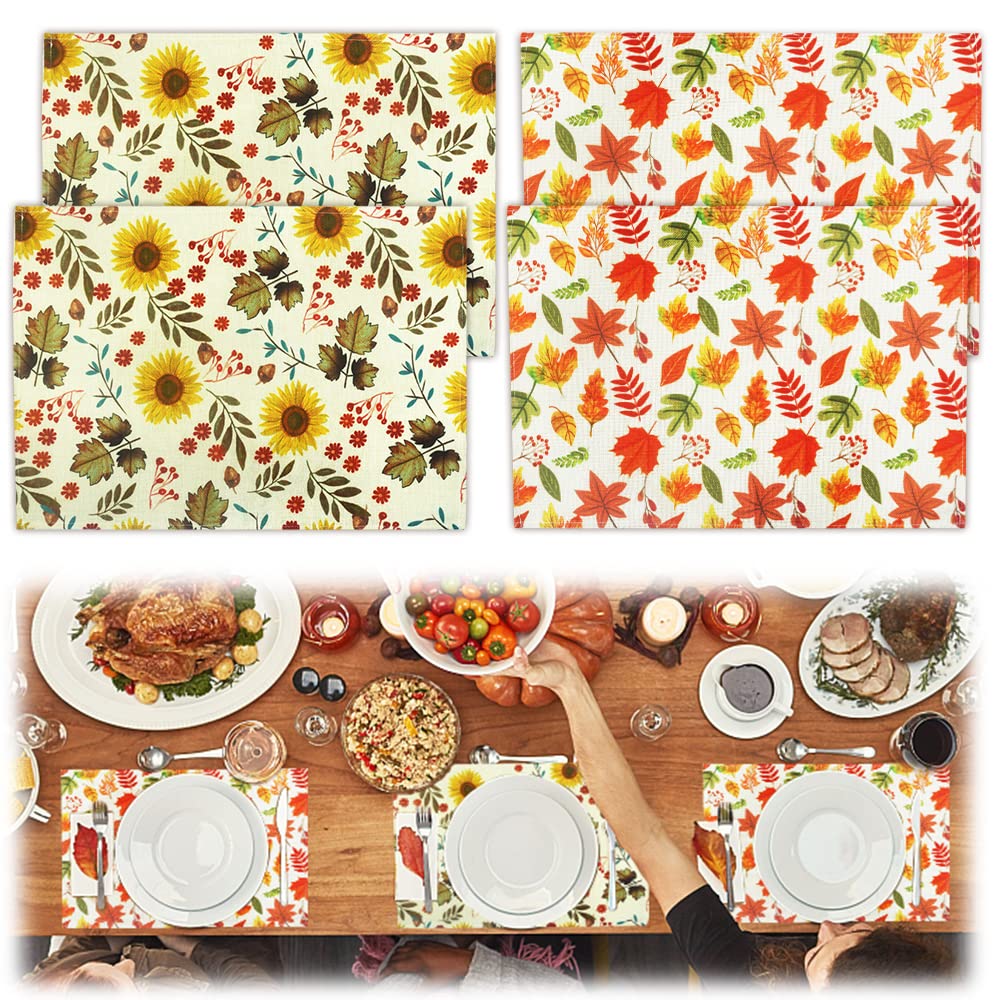 Maple Leaves Fall Placemats Set of 4 - Linen Sunflower Thanksgiving Table Mats for Dining, Harvest Decor - Perfect for Autumn Dinner Parties, Thanksgiving Feast & Cozy Home Kitchen Decor