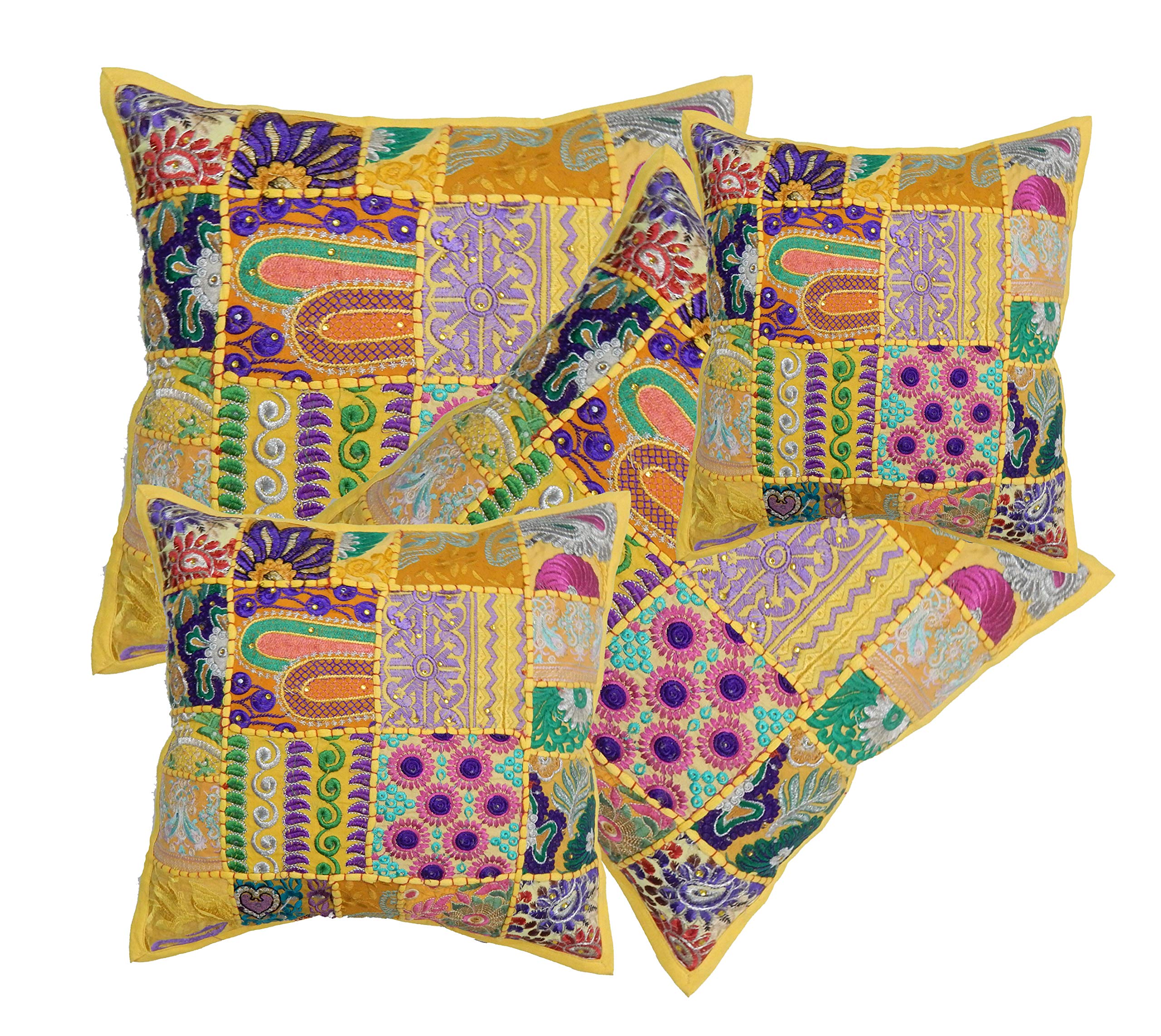 4-Piece Handmade Embroidery Patchwork Cotton Pillow Covers Set - 16x16 Inch Sofa Throw Cushion Cases for Living Room, Meditation Floor Pillow & Home Decor - Boho Chic Style for Cozy Home & Yoga Studio