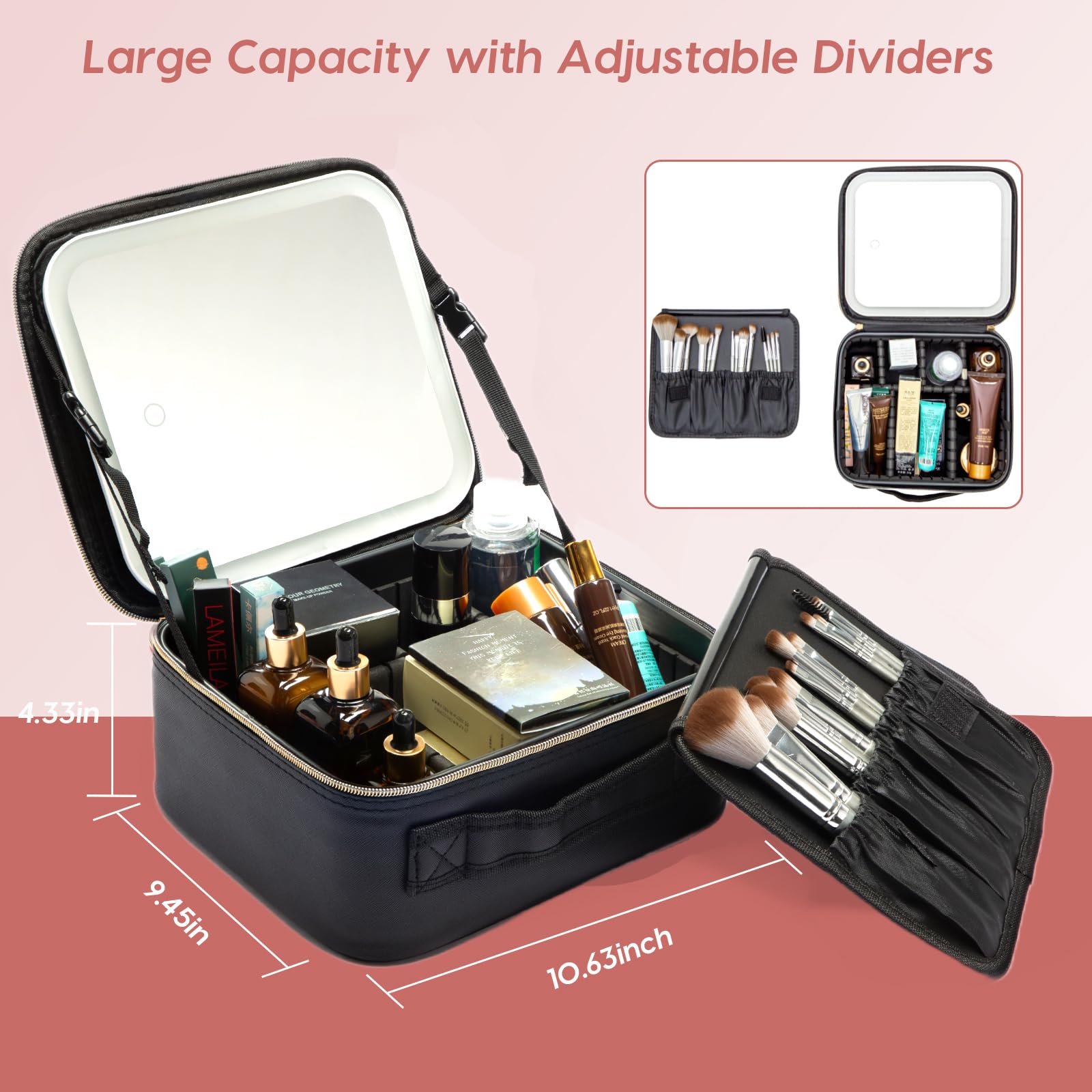 LED Lighted Makeup Bag with Adjustable Dividers - Waterproof Black Train Case Cosmetic Organizer for Women | Perfect for Travel, Home & Salon Use