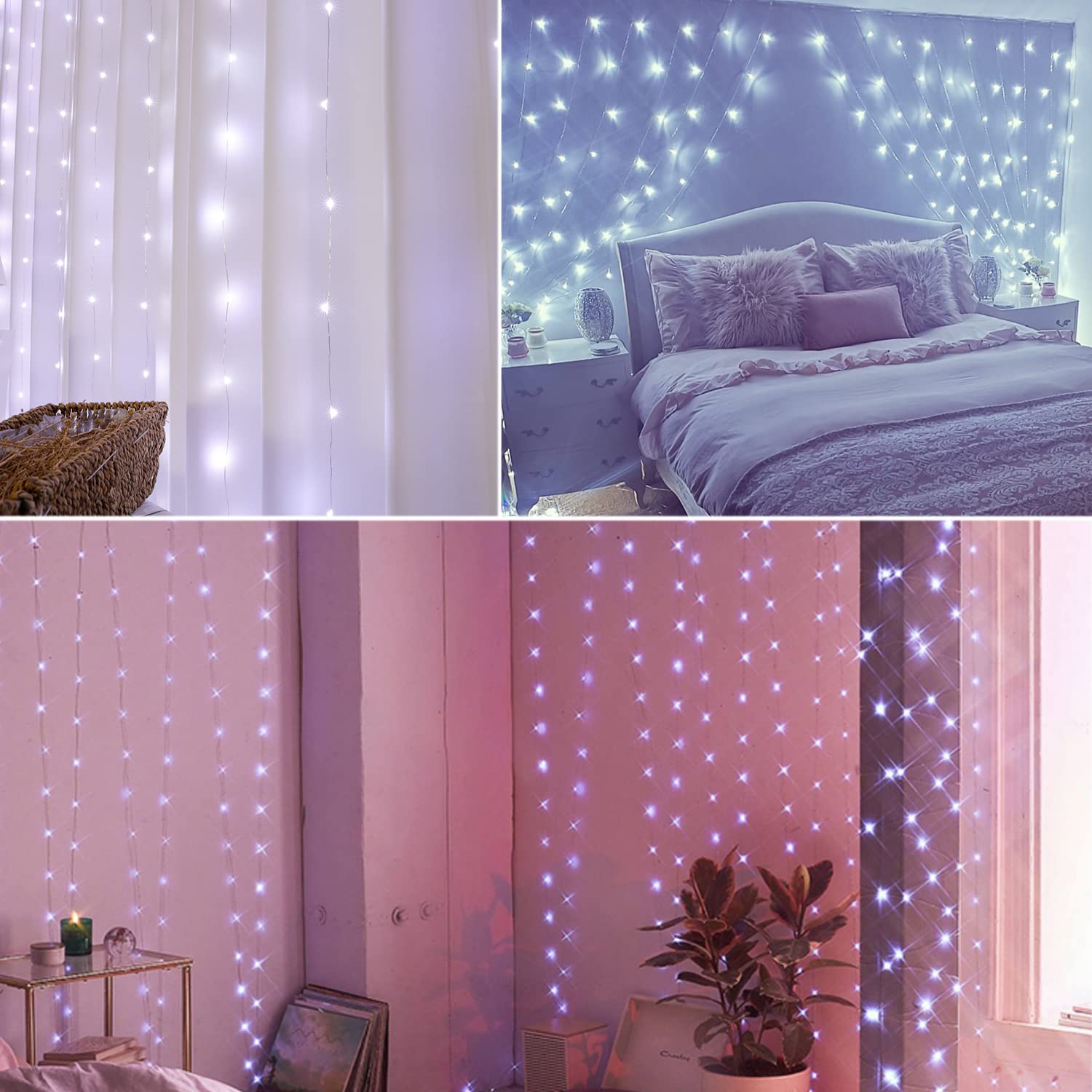 144 LED Waterproof USB Fairy String Lights - 7.9x5.9ft White Twinkle Curtain Lights with Remote & 8 Modes | Bedroom Wall, Window Decor | Indoor/Outdoor Wedding, Christmas, Halloween Party Decorations
