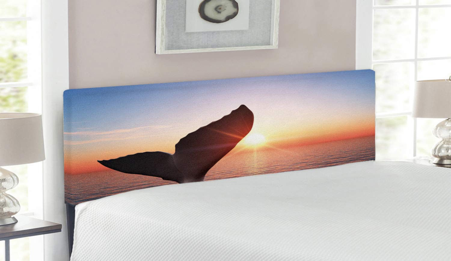 Lunarable Whale Headboard - Upholstered Decorative Metal Bed Headboard with Memory Foam, Queen Size, Scarlet Blue | Ocean Whale Tail Fins with Horizon Sky Dreamy Ecology Design | Perfect for Coastal, Nautical & Beach-Themed Bedrooms