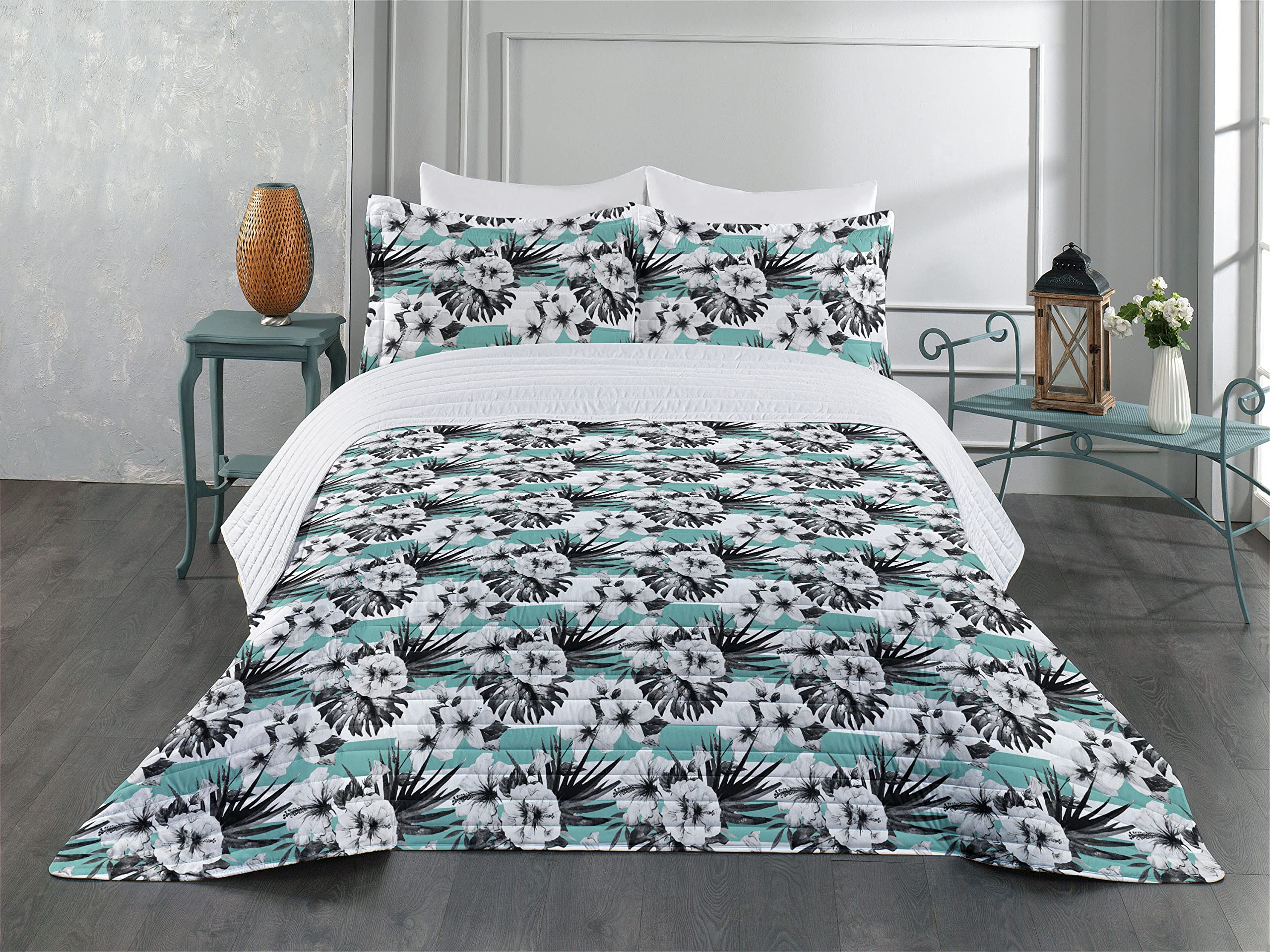 Ambesonne Floral Microfiber Bedspread Set - Exotic Watercolor Hibiscus Flower Print, Tropical Boho Style Queen Size Bedding with Pillow Shams & Comforter in Grey White Teal | Soft & Breathable for Bedroom Decor, Guest Room, Dorm, Vacation Home