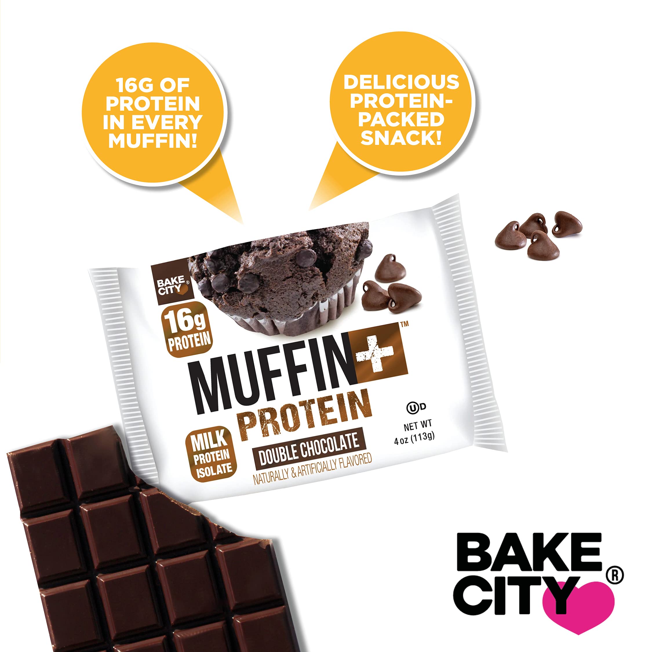 Bake City Muffin Plus Protein - High Protein Muffins with 16g Protein Each, 4oz Double Chocolate (12 Pack) | Perfect for Breakfast, Post-Workout Snack & Healthy On-the-Go Meals