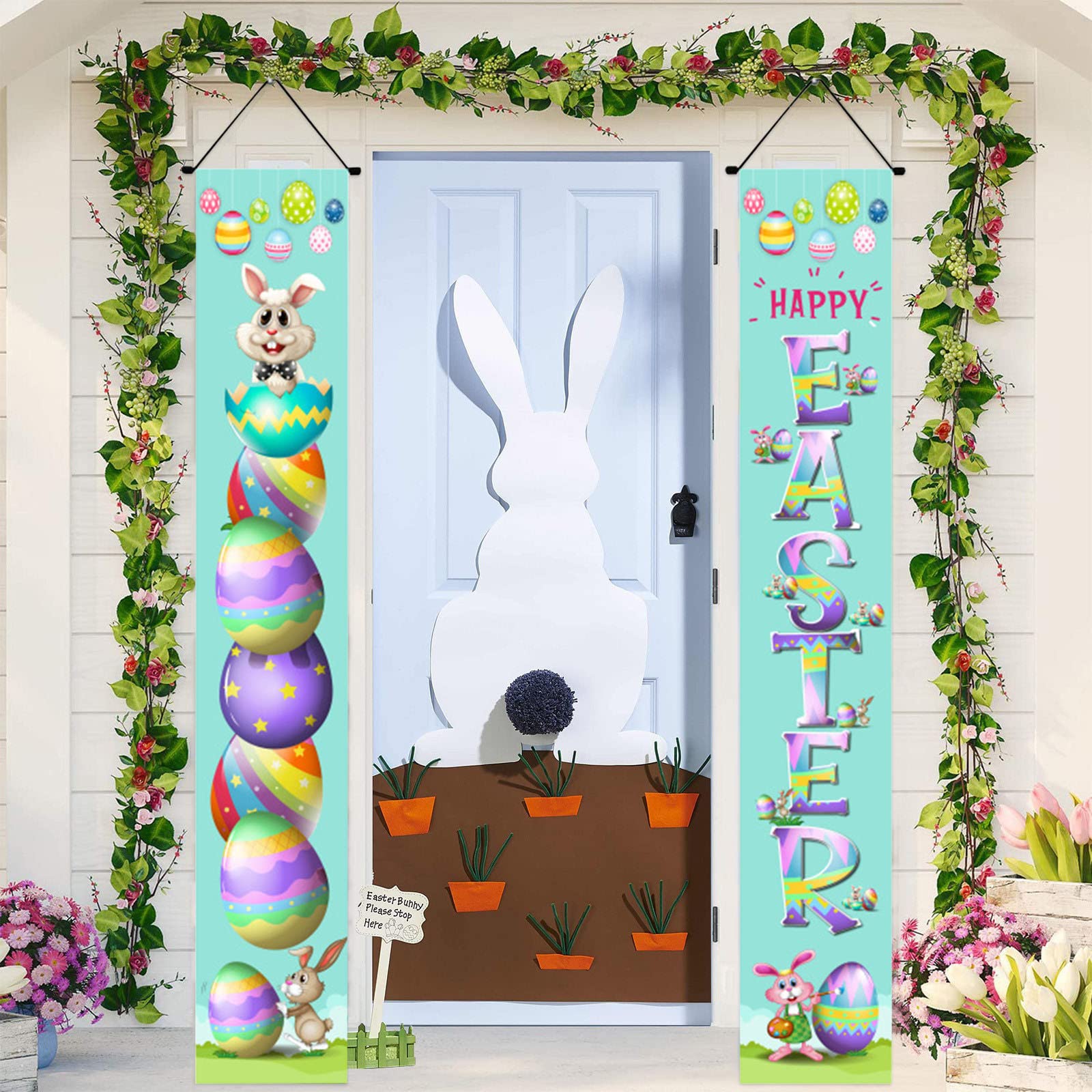 Set of 2 Happy Easter Banners - Welcome Hanging Front Door Decorations for Indoor & Outdoor Easter Party Decor - Spring Porch Signs & Wall Hanging Flags - Perfect for Easter Celebrations, Home Decor, and Holiday Parties