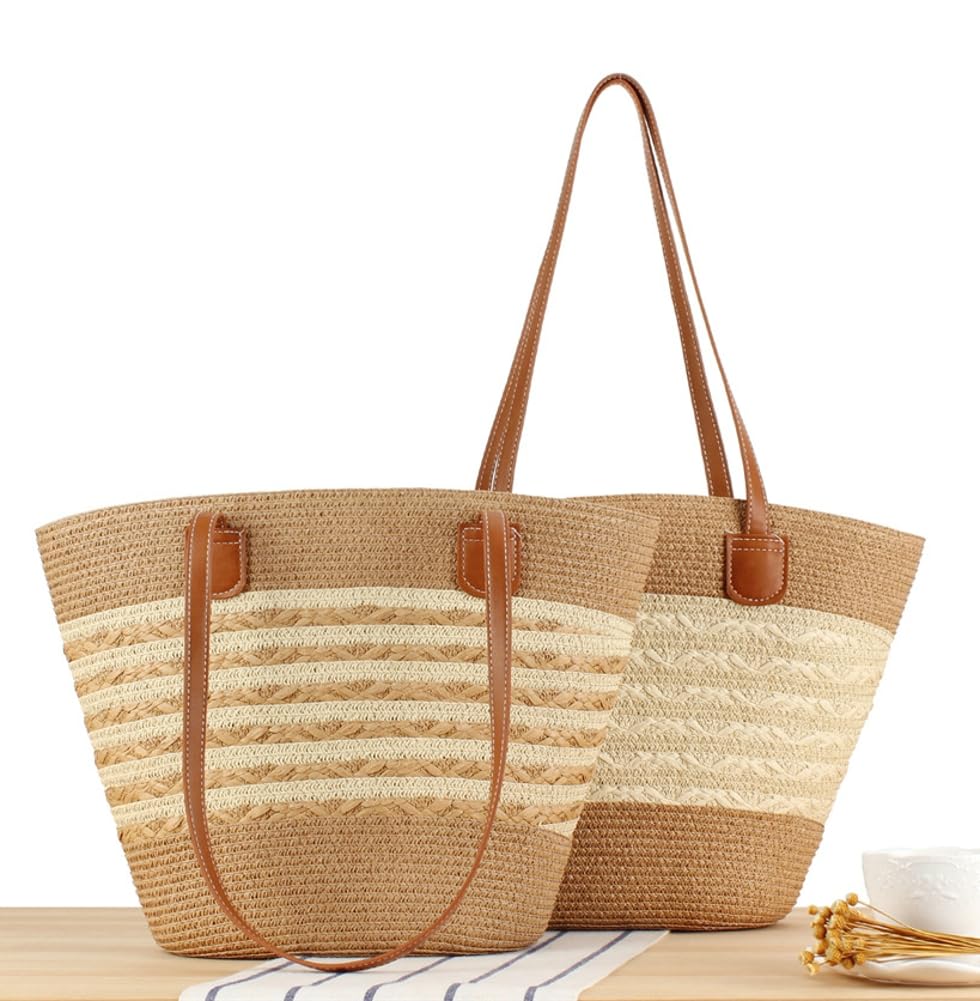 Women's Large Straw Tote Bag - Summer Beach Shoulder Bag for Travel & Shopping