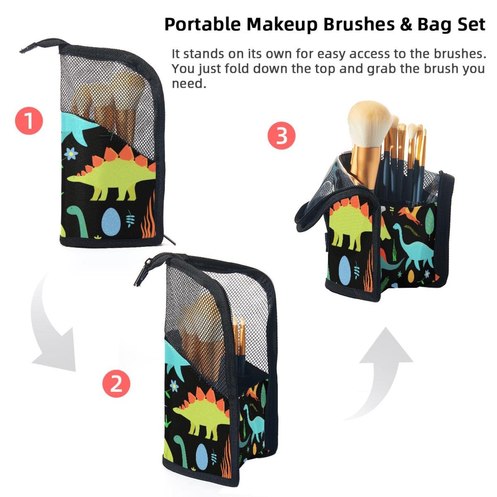 12 Pcs Makeup Brush Organizer Bag with Plant Cartoon Jungle Dinosaur Print - Portable Travel Makeup Brush Holder Case for Professional Makeup Artists & Beauty Enthusiasts - Perfect for Home, Travel & Salon Use