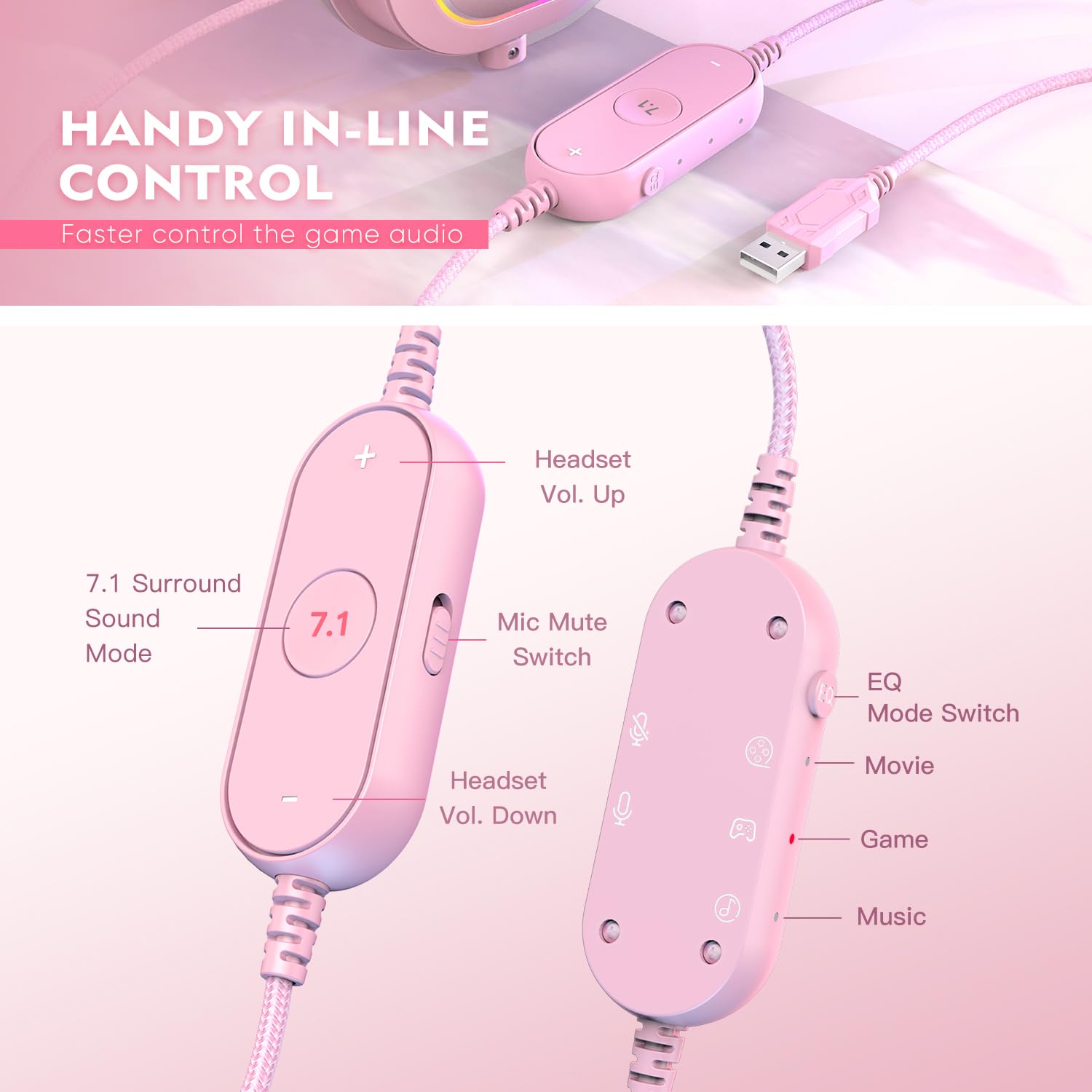 FIFINE PC Gaming Headset with Microphone - USB Wired 7.1 Surround Sound Headphones with RGB Lights & In-Line Controls for PS4/PS5, Streaming, Gaming, Video Calls - Over-Ear Design (Pink) | Perfect for Online Gaming, Live Streaming & Remote Work