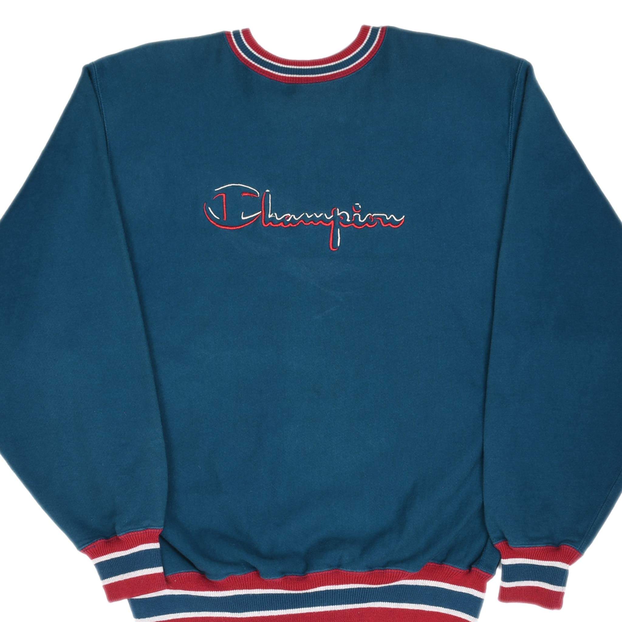 Vintage Champion Reverse Weave Spellout Cyan Sweatshirt 1990s XL Made in USA - Retro Unisex Pullover for Casual Wear & Street Style Fashion
