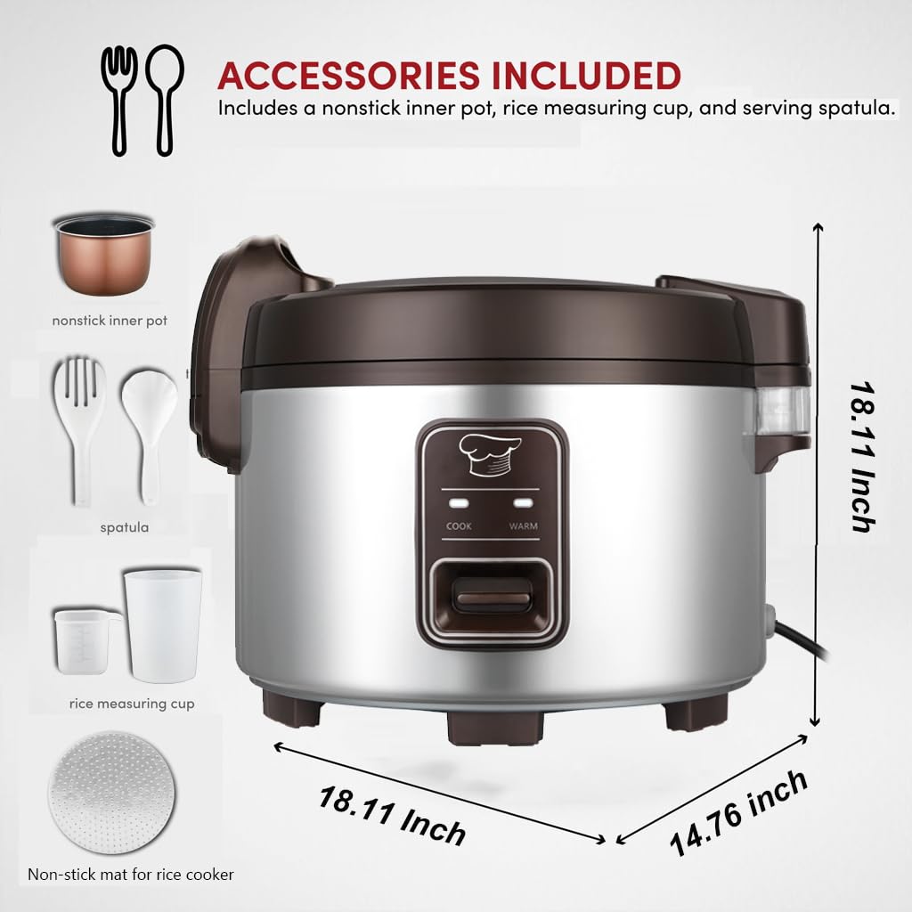 15.8QT Large Commercial Rice Cooker - 84 Cups Cooked / 32 Cups Uncooked - Electric Rice Warmer for 60-70 People - One-Touch Operation - Perfect for Restaurants, Catering & Large Gatherings