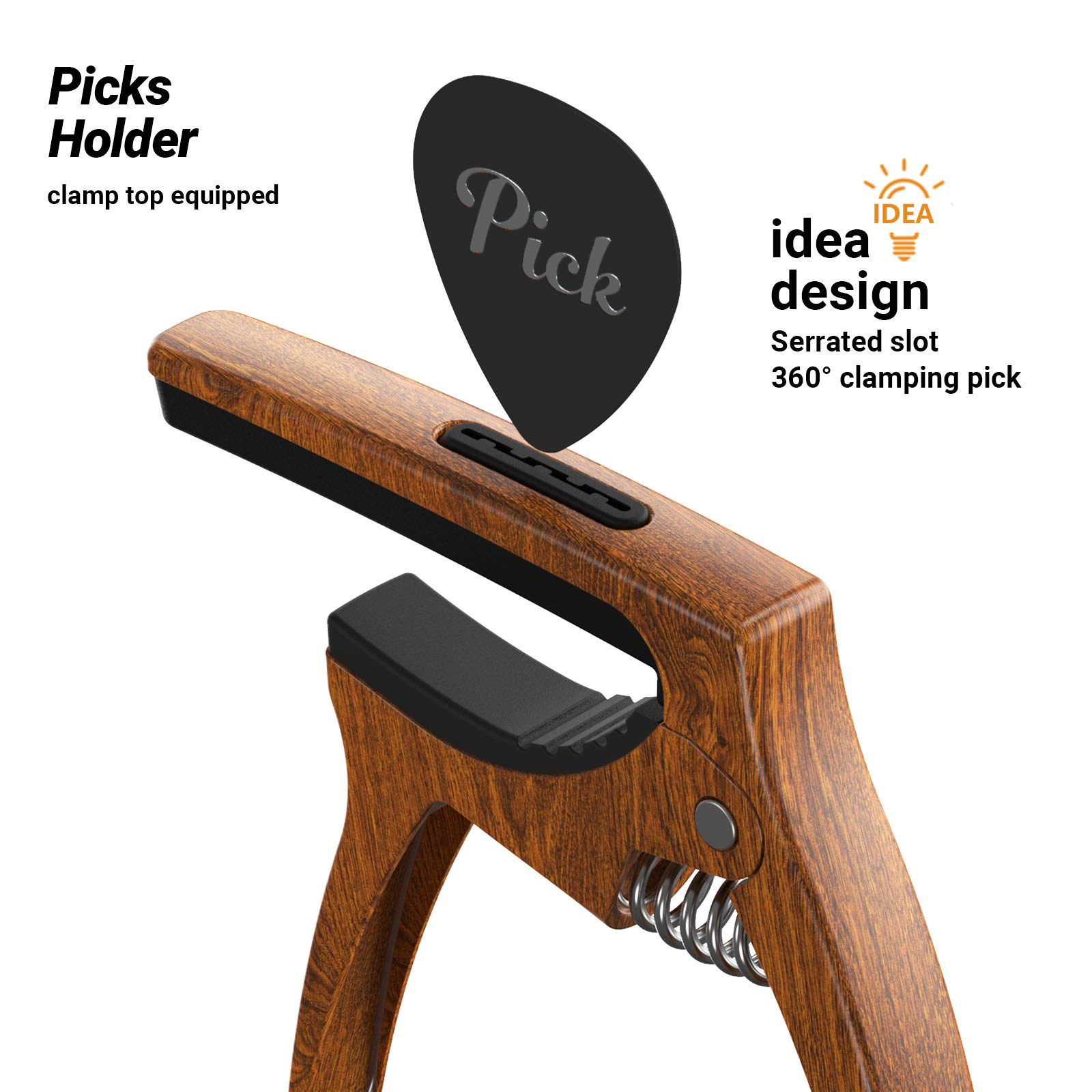 3-in-1 Guitar Capo for Acoustic & Electric Guitars with Pick Holder - 2 Pack Includes 6 Picks - Universal Ukulele Capo - Premium Strings Accessories (Black & Wood) - Perfect for Live Performances, Studio Recording & Practice Sessions