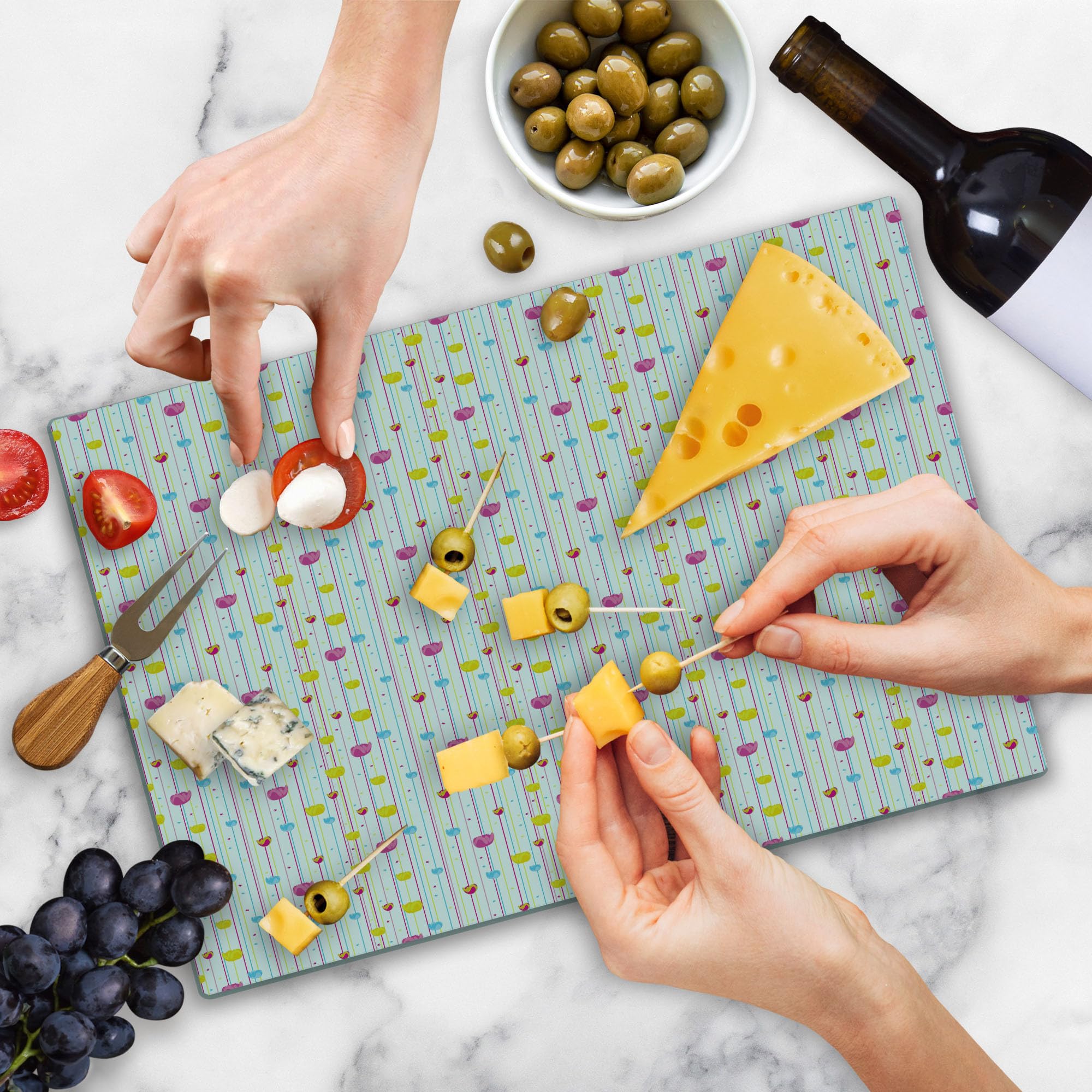 Ambesonne Decorative Glass Cutting Board - Yellow & Blue Stripes with Floral Tulip Design, Large Tempered Glass Serving Board for Kitchen, Charcuterie & Party Platters - Perfect for Entertaining & Home Decor