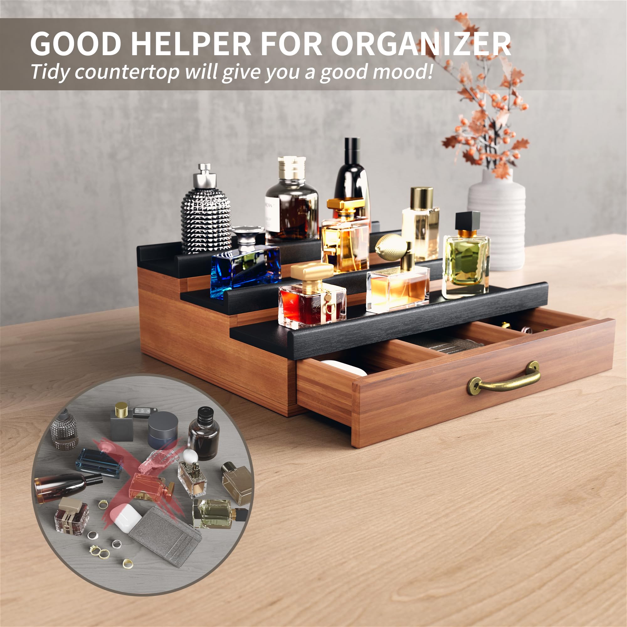 Premium Wooden Cologne Organizer for Men - Perfume Display Stand with Hidden Compartment & Drawer - Dresser Storage Riser for Fragrance Bottles - Perfect Gift for Him, Husband or Boyfriend (Brown) - Ideal for Bedroom Vanity, Bathroom Counter or Dresser Top Organization
