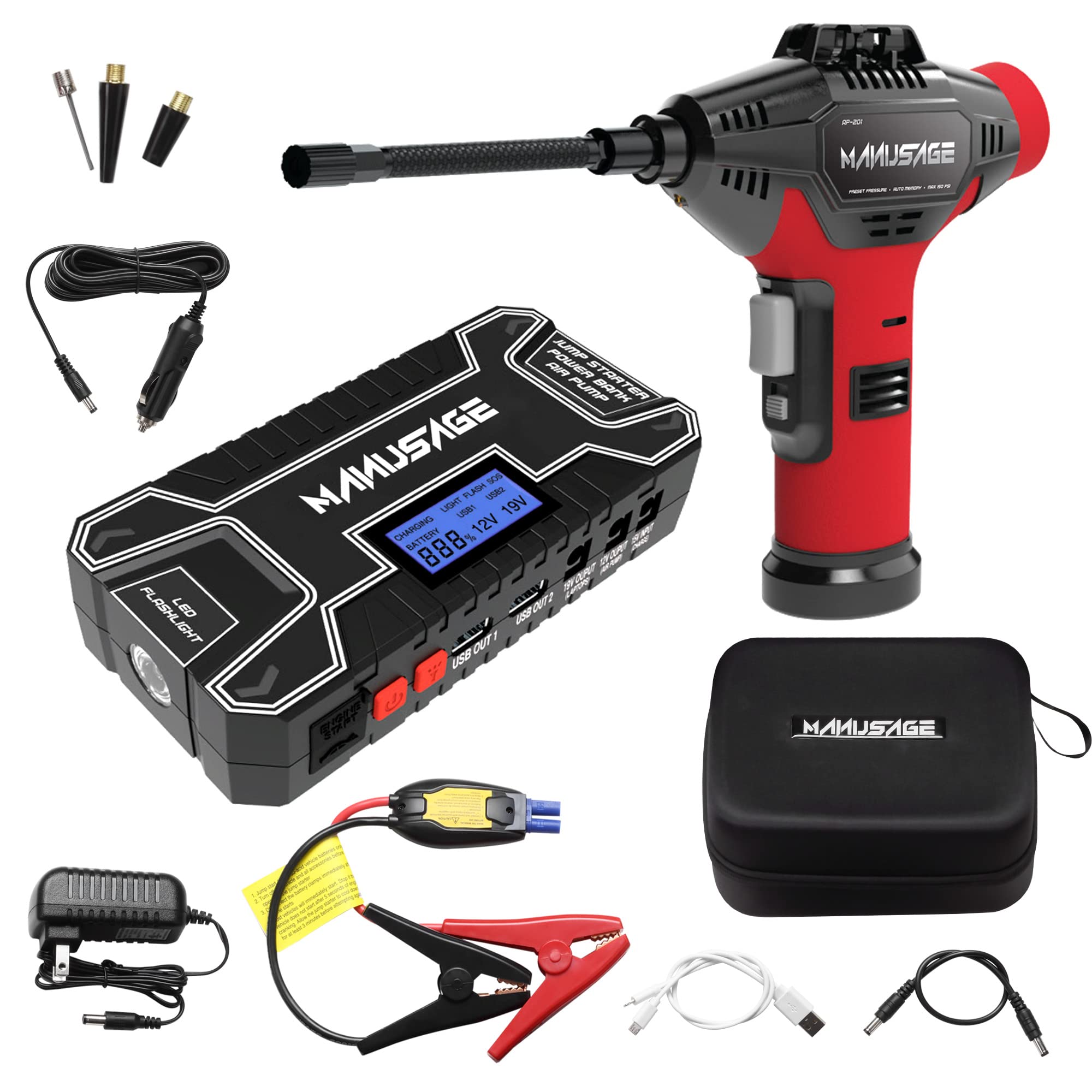 Powerful 2000A Car Jump Starter for 5.5L Gas & 4.0L Diesel Engines - 12V/19V Portable Battery Booster with Dual USB Quick Charge, DC Output, Built-in Air Compressor & LED Flashlight | Emergency Roadside Assistance, Camping, Power Outages
