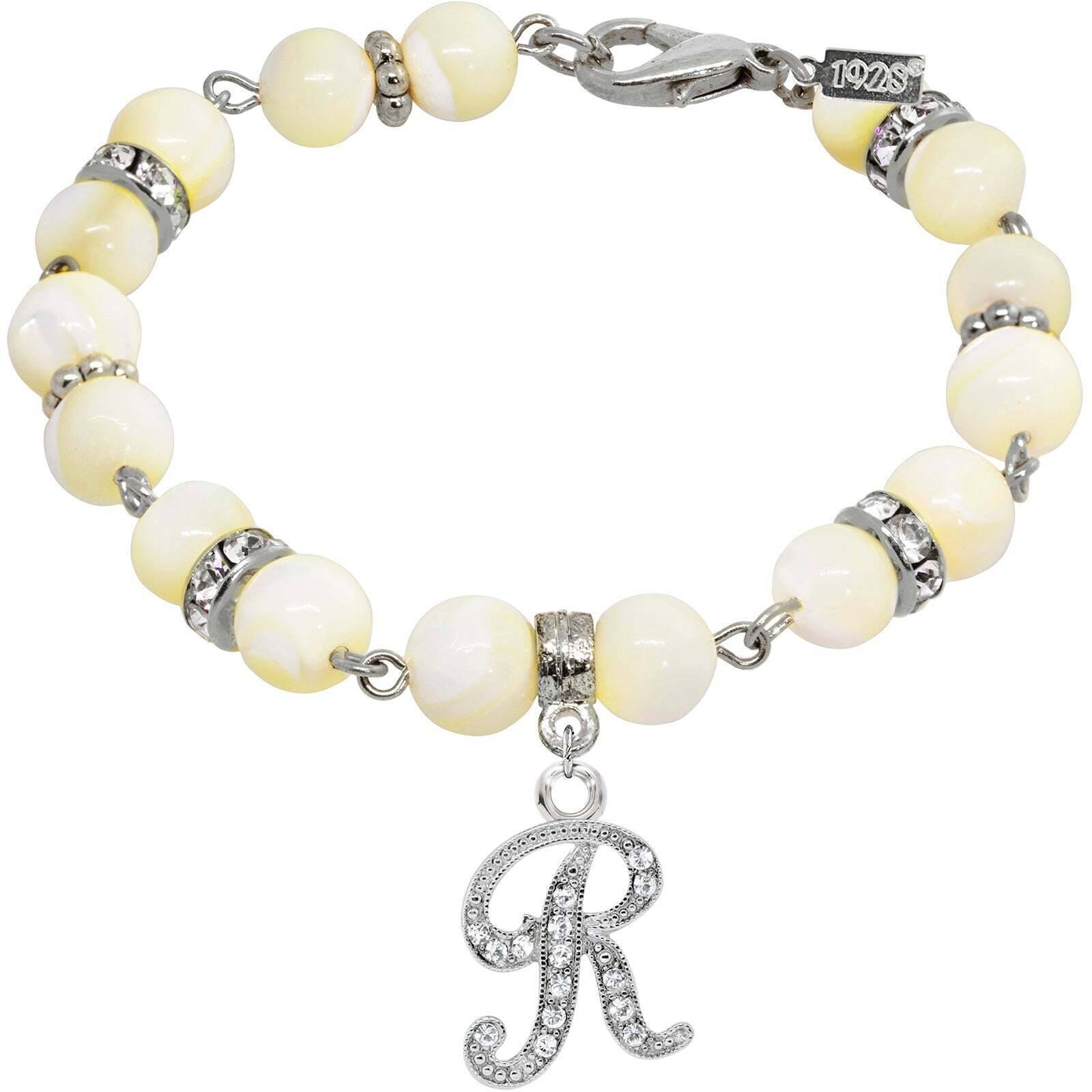 1928 Jewelry Mother of Pearl Crystal Initial Charm Bracelet - Personalized Name Bracelet for Women, Elegant Gift for Mom, Wife, Daughter - Perfect for Birthdays, Anniversaries, and Special Occasions
