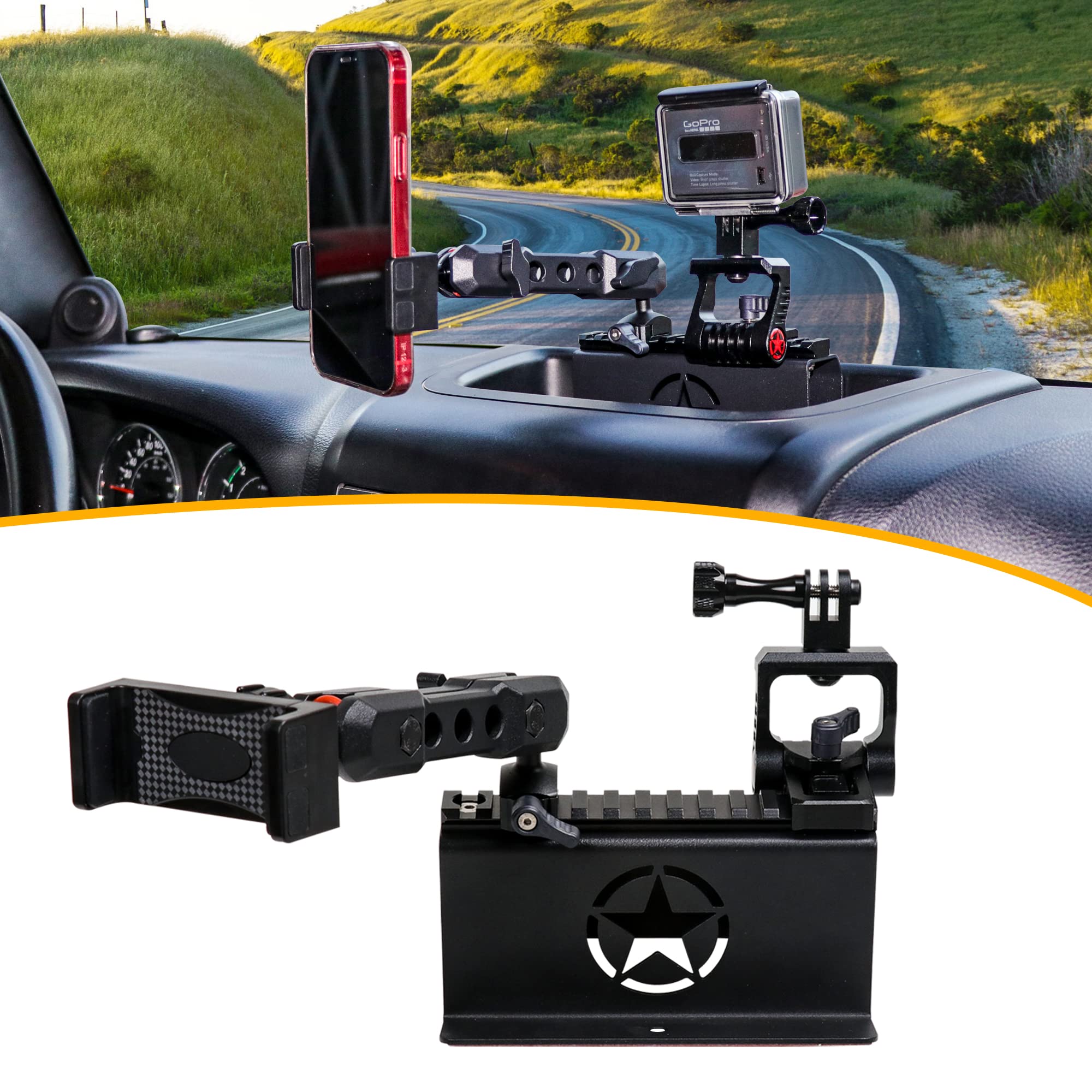 BESTAOO Universal JK Dash Phone Holder & Camera Mount for 2012-2018 Jeep Wrangler JK JKU (2 & 4 Door) - Aluminum Slide Rail Bracket Compatible with GoPro, iPhone, Samsung & All Smartphones - Perfect for Off-Roading, Vlogging & Hands-Free Navigation
