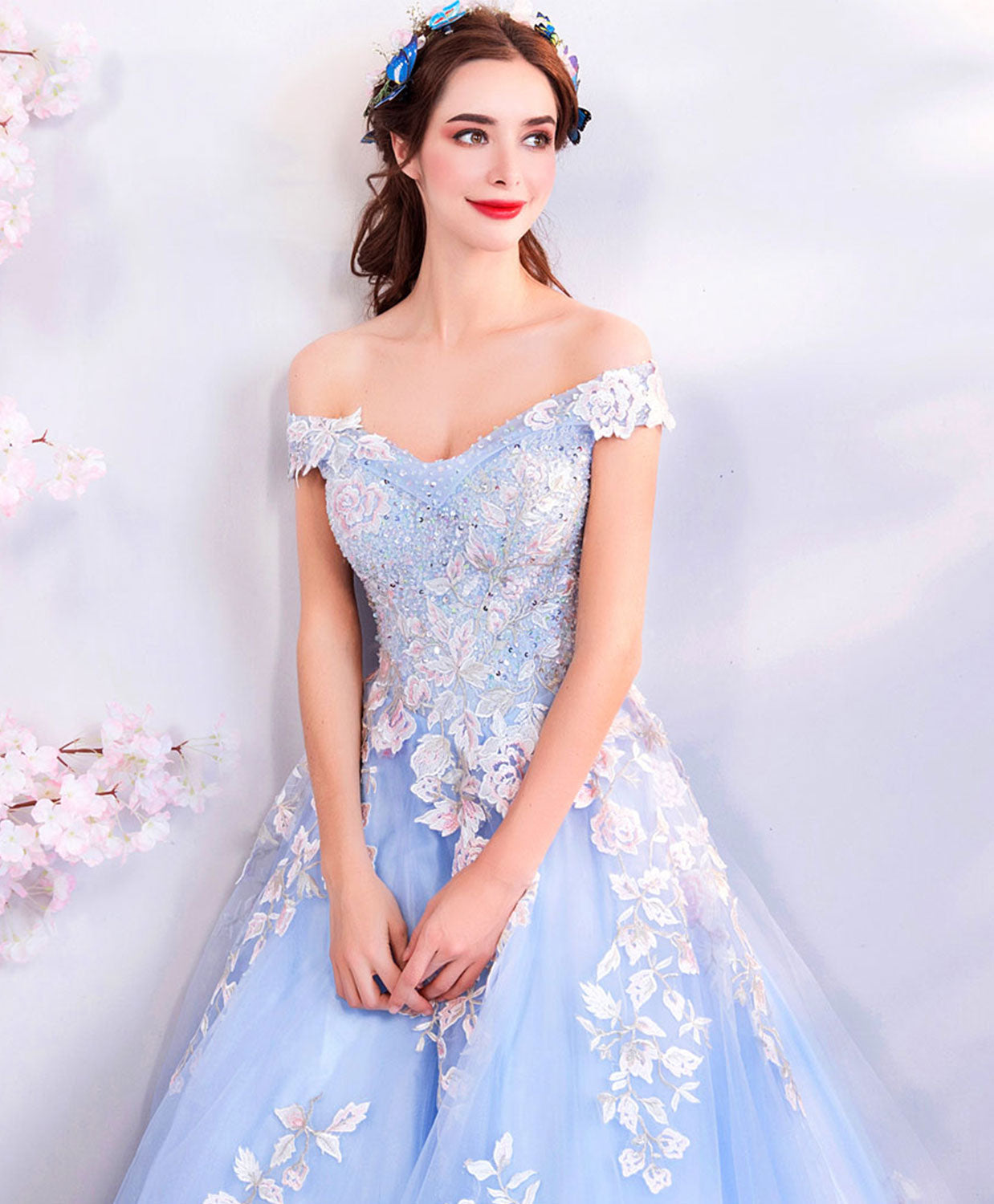 Elegant Blue Off Shoulder Tulle Lace Applique Long Prom Dress - Formal Evening Gown for Homecoming, Wedding, Ball & Special Occasions