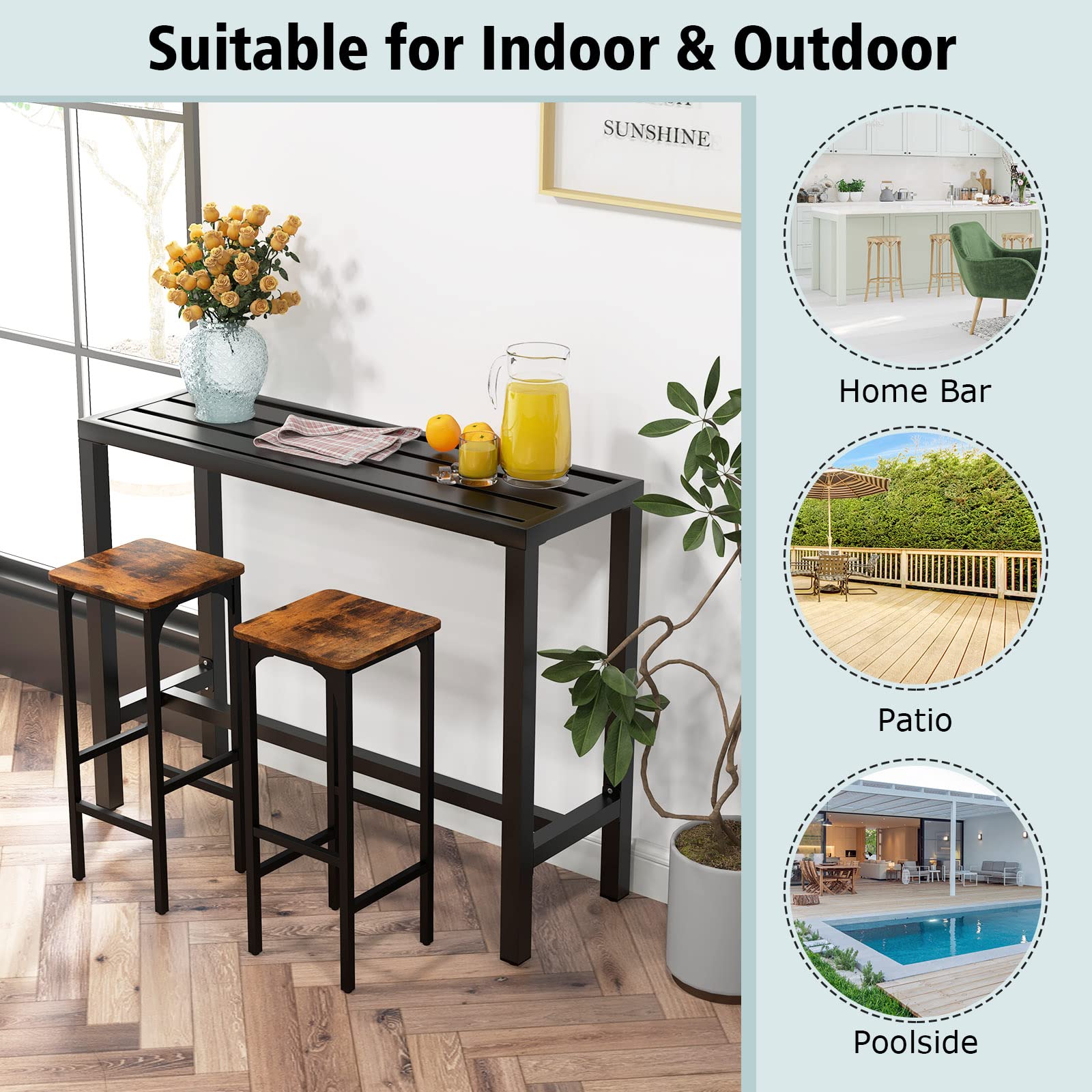COSTWAY 48-inch Outdoor Bar Table - Narrow Counter Height Dining Table with Waterproof Top & Heavy-Duty Metal Frame - Black Rectangular Pub Table for Hot Tub, Garden, Patio, Backyard & Poolside - Perfect for Outdoor Entertaining & Relaxation