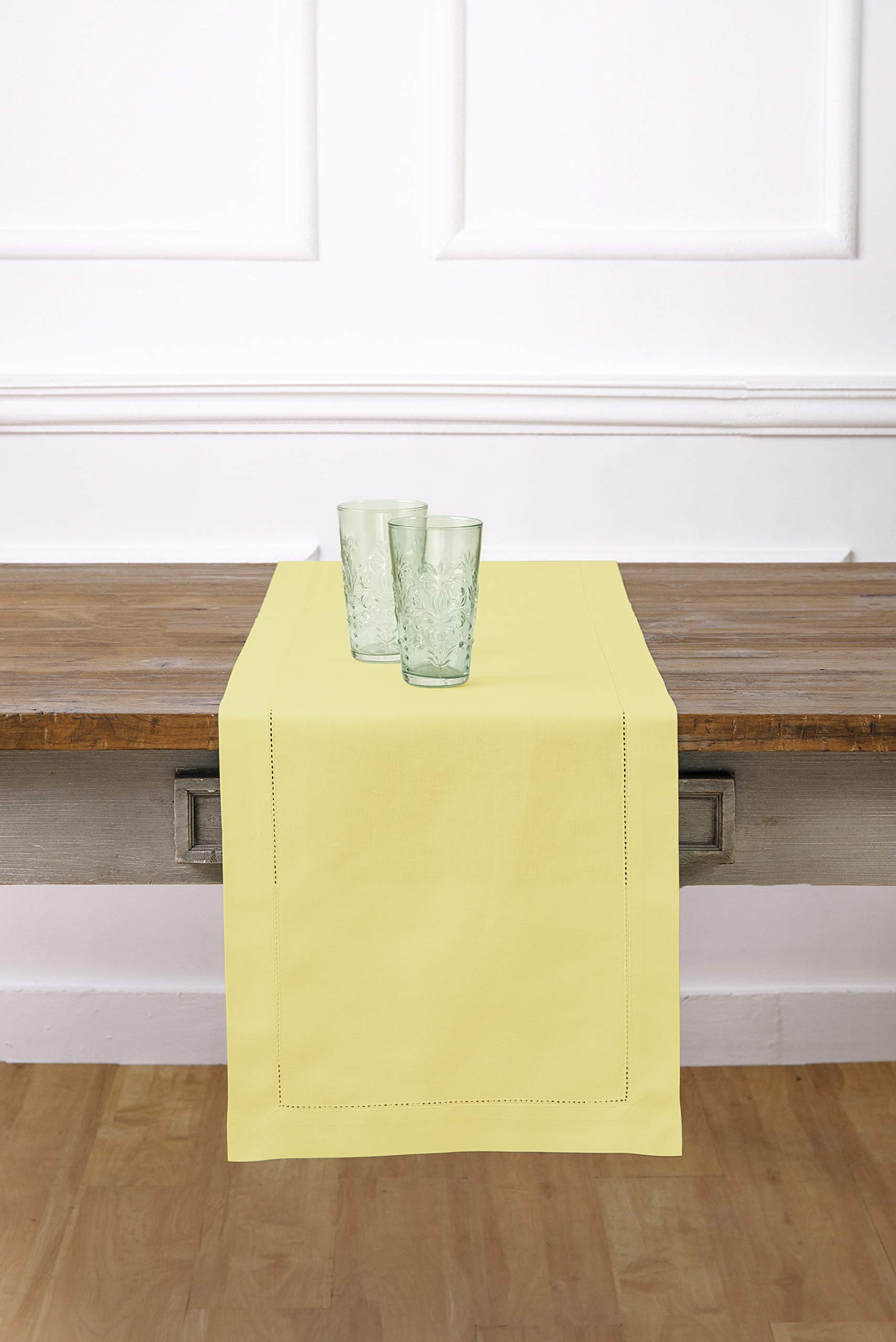 Solino Home Yellow Cotton Linen Hemstitch Table Runner - 14 x 48 Inch Easter Table Decor for Dining, Coffee & Dresser Tables - Perfect for Spring Celebrations & Home Decor