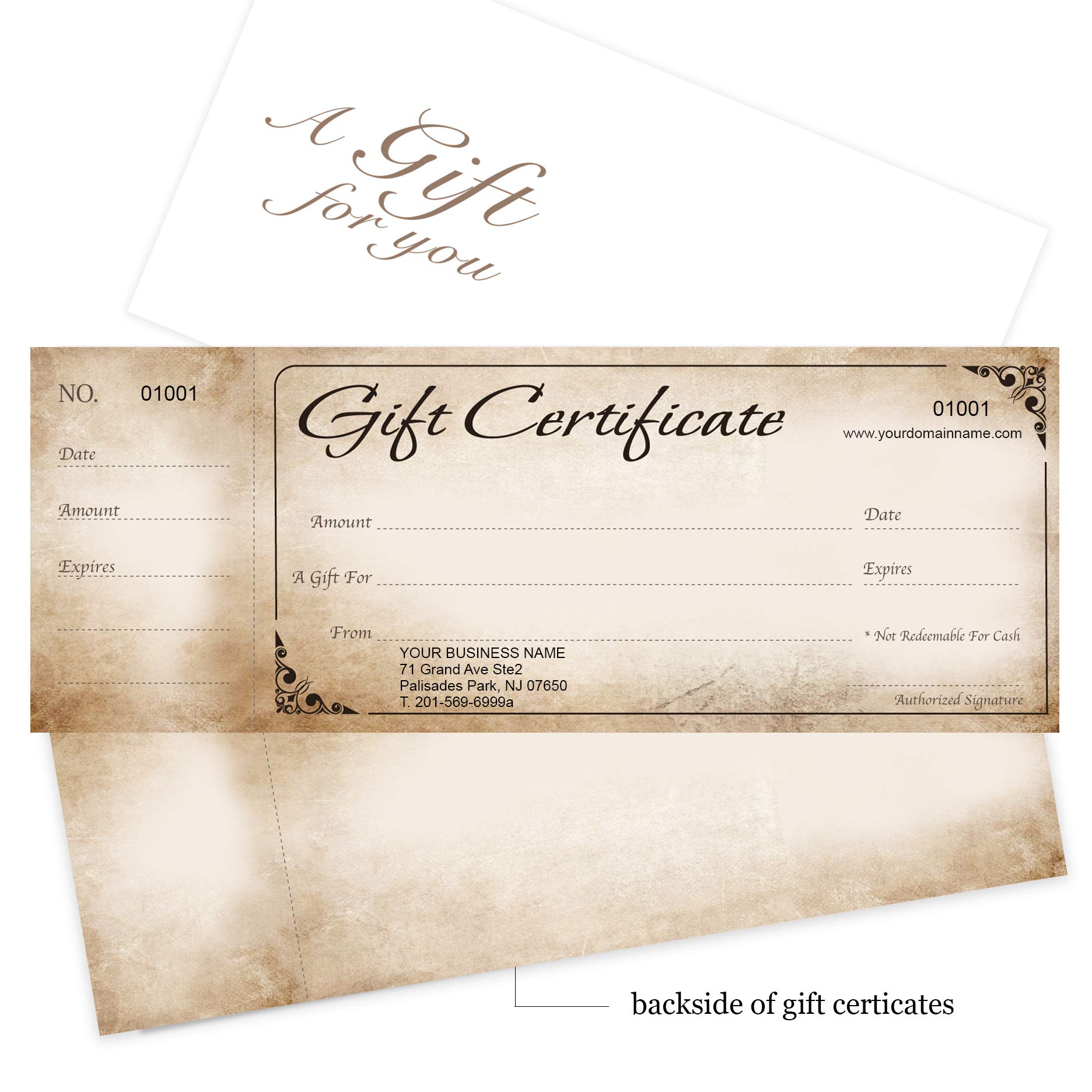 Custom Gift Certificate Cards with Envelopes - 100 Pack Rustic Design - Business Gift Vouchers for Restaurants, Spas & Retail Stores