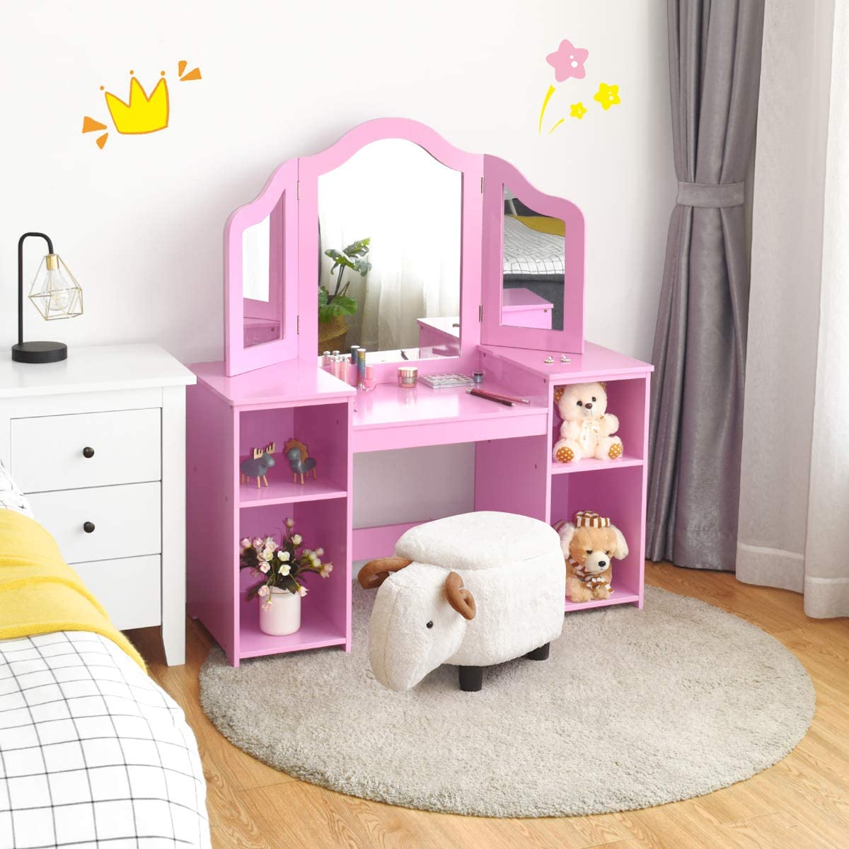 MAT EXPERT Kids Vanity Table Set with Tri-Folding Mirror - Wooden Princess Dresser with 4 Storage Shelves & Detachable Plastic Mirror - Pretend Play Makeup Dressing Table for Girls (Pink) - Perfect for Bedroom Decor, Birthday Gifts & Role Play Activities