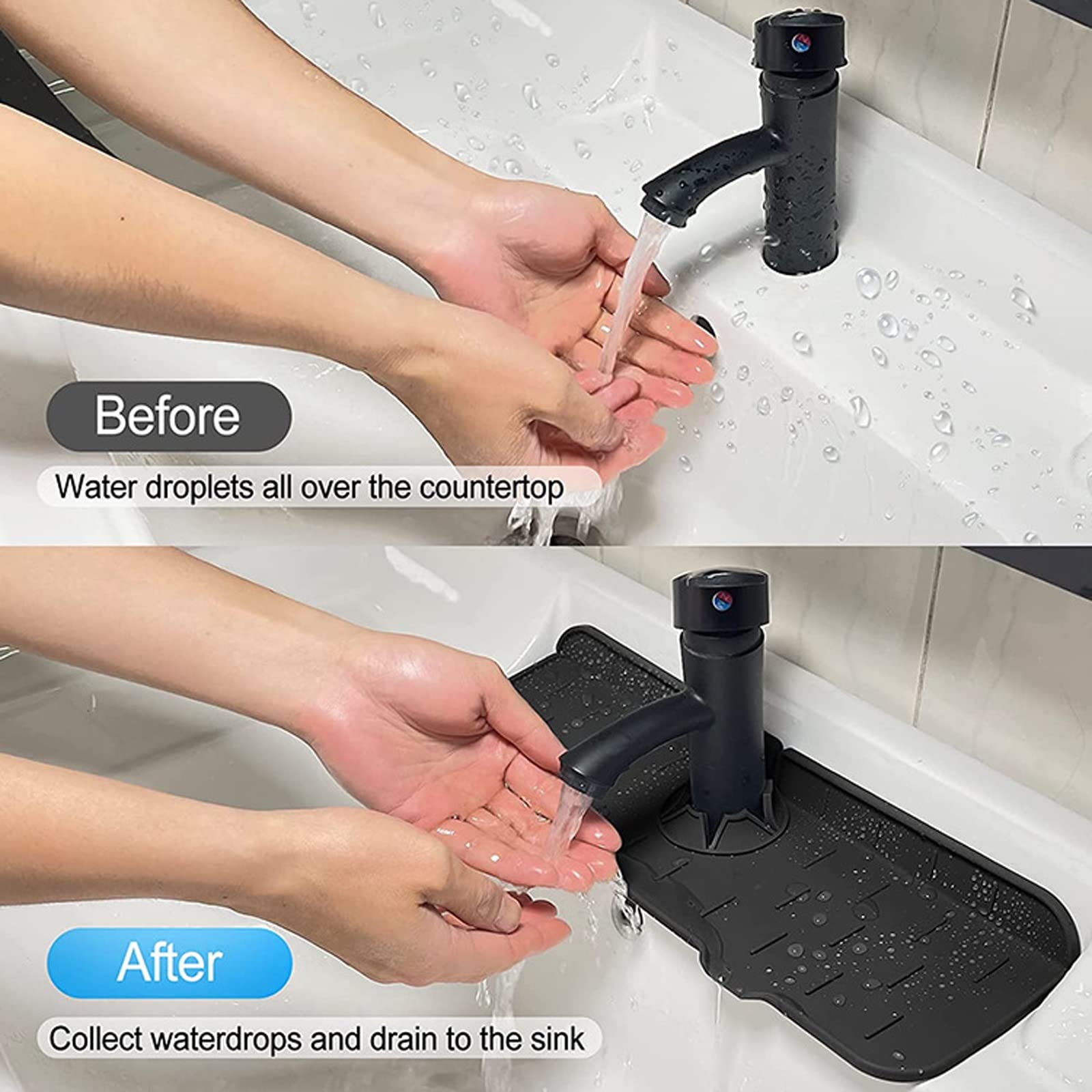 4 Pack Silicone Faucet Water Catcher Mats - Non-Slip Kitchen Sink Drip Protector, Splash Guard Countertop Mat, Sink Draining Pad for Behind Faucet (Fits Kitchen & Bathroom) - Perfect for Preventing Water Spills & Keeping Countertops Dry