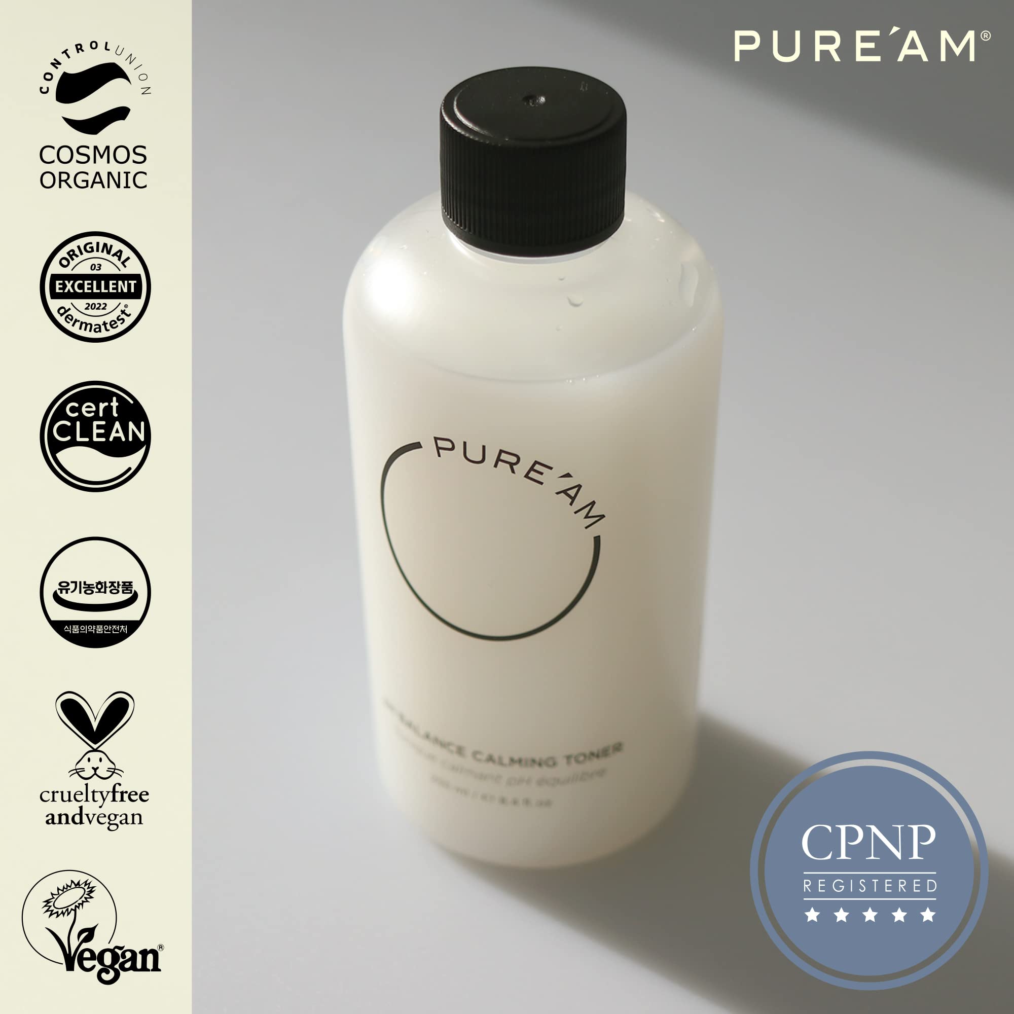 PURE'AM Korean Toner for Dry & Sensitive Skin - Hydrating Face Toner with Hyaluronic Acid & Vegan Ceramides - Reduces Redness & Acne - 8.4 fl oz (250ml) - Perfect for Daily Skincare Routine & Post-Cleansing Hydration