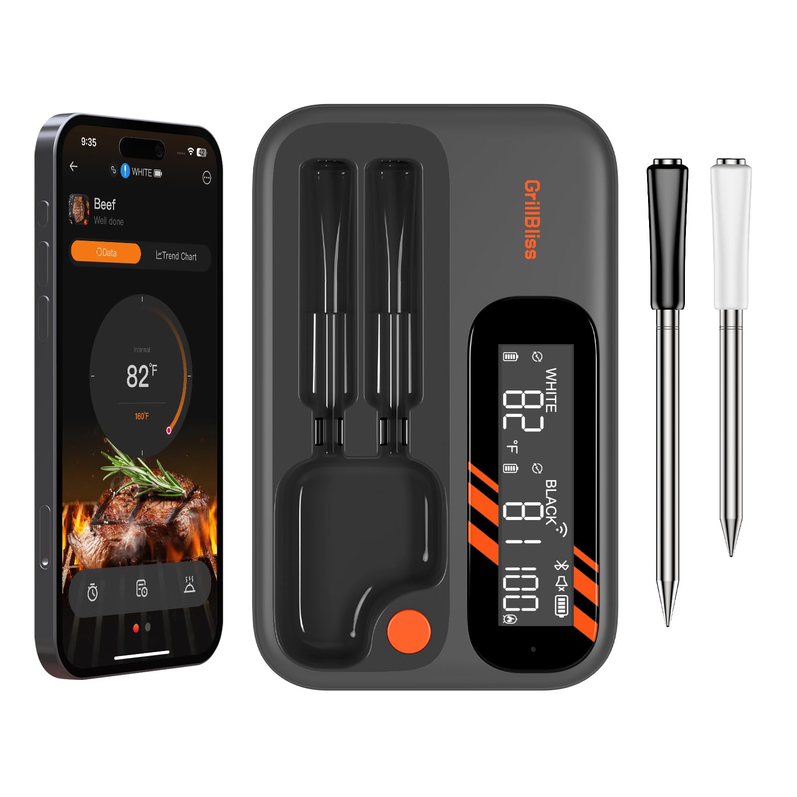 Wireless Meat Thermometer with Bluetooth 5.4 & 5G WiFi - IP67 Waterproof Dual Probe Digital Cooking Thermometer for Grilling, Smoking, BBQ - Smart App Alerts & Backlit LCD Display for Oven, Smoker, Grill - Perfect for Outdoor Cooking, Home Kitchen, and Professional Chefs