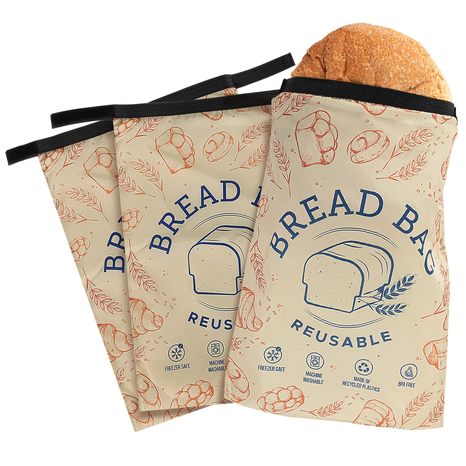 IMPRESA [3 Pack] Reusable Bread Storage Bags - Airtight Double Seal Freezer Bags for Freshness - Dishwasher & Washing Machine Safe - Perfect for Homemade Bread, Sandwiches, and Baked Goods Storage