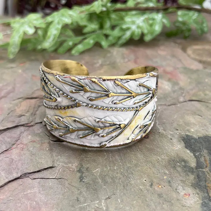 Vintage White Leaves Patina Cuff Bracelet - Boho Chic Handmade Jewelry for Women - Perfect for Casual Wear, Date Nights & Festival Outfits