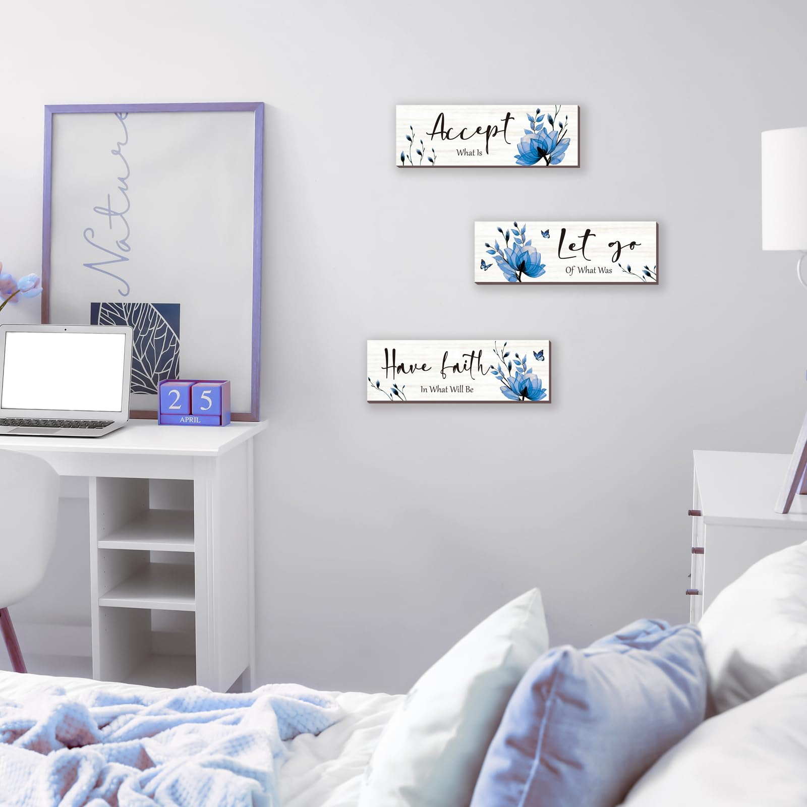 3-Piece Blue Bathroom Decor Set - Rustic Flower Wall Art with Inspirational Quote 
