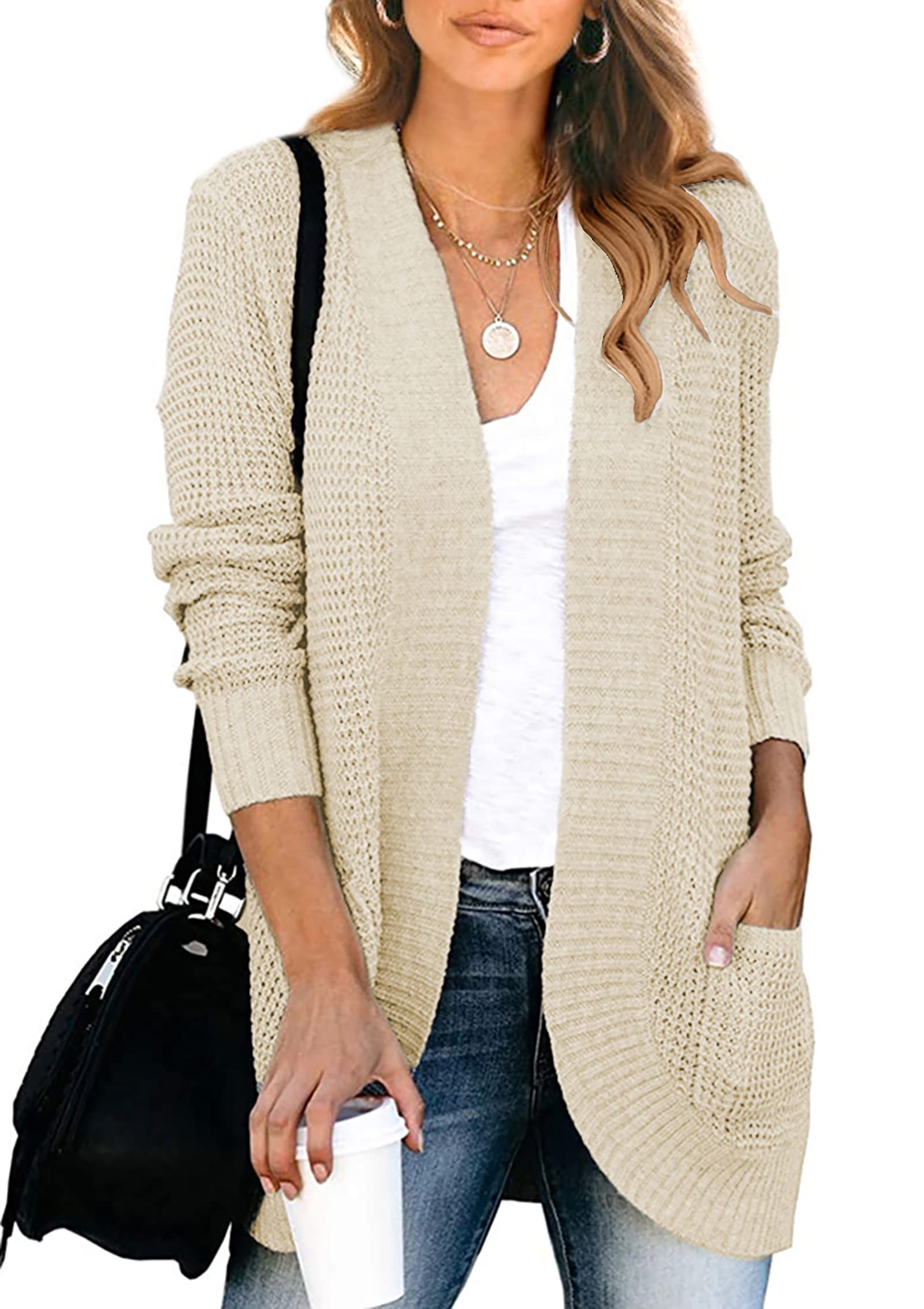 KIRUNDO Women's Open Front Long Sleeve Chunky Knit Cardigan Sweater with Pockets - Cozy Fall Winter Loose Slouchy Waffle Knitwear for Casual Outfits & Layering