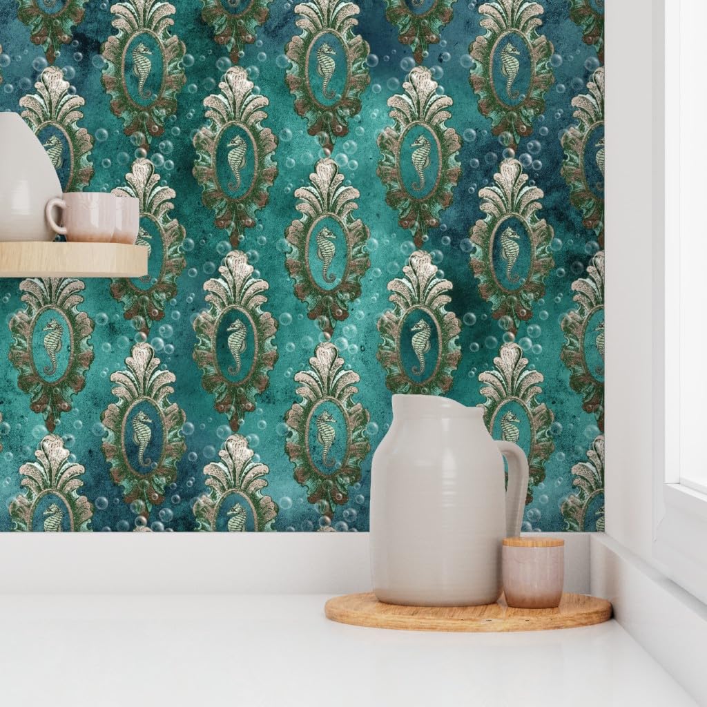 Removable Wallpaper Swatch - Seahorse Blue Teal Bubbles Tropical Ocean Design | Self-Adhesive Peel & Stick Wallpaper for Nursery, Bathroom, Bedroom Decor | Spoonflower Custom Wallpaper