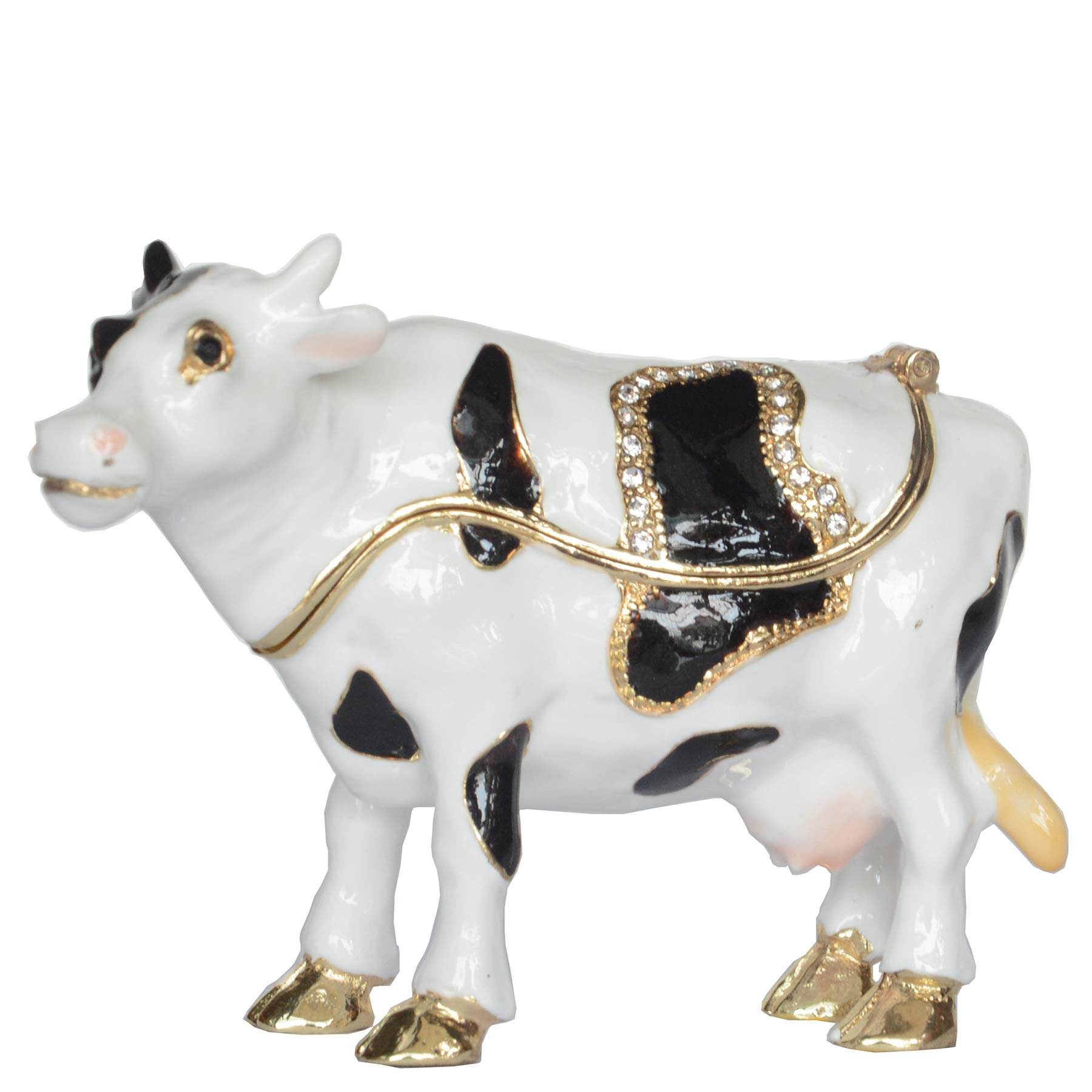 Bejeweled Black and White Cow Trinket Box - Elegant Metal Jewelry Storage Box with Mini Ring Holder - Perfect Gift for Women, Jewelry Organizer for Dresser, Vanity & Travel