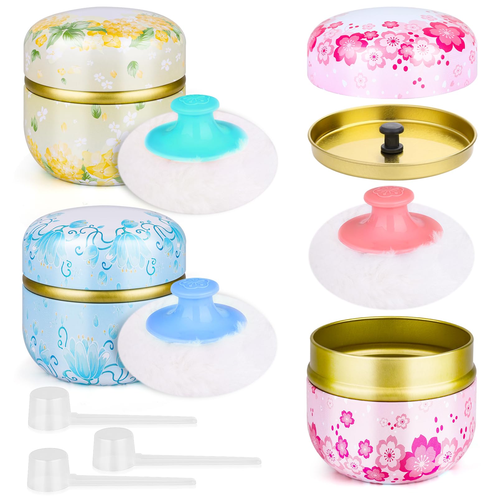 3-Piece Body Powder Puff Set with Floral Container - Large Plush Powder Puff & Spoon - Loose Dusting Powder Box for Women & Babies (Pink, Blue, Yellow) - Perfect for Home, Travel & Nursery Care