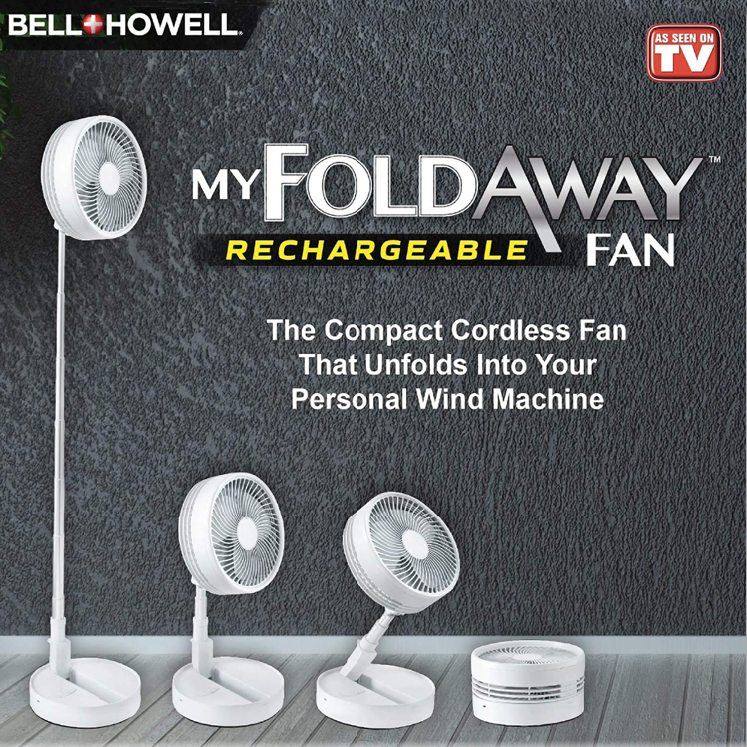 Bell+Howell MY FOLDAWAY FAN - Rechargeable Portable Fan with 3 Speed Settings, Extendable to 4 Feet, Ultra Lightweight & Compact Design - Perfect for Home, Office, Camping & Outdoor Activities