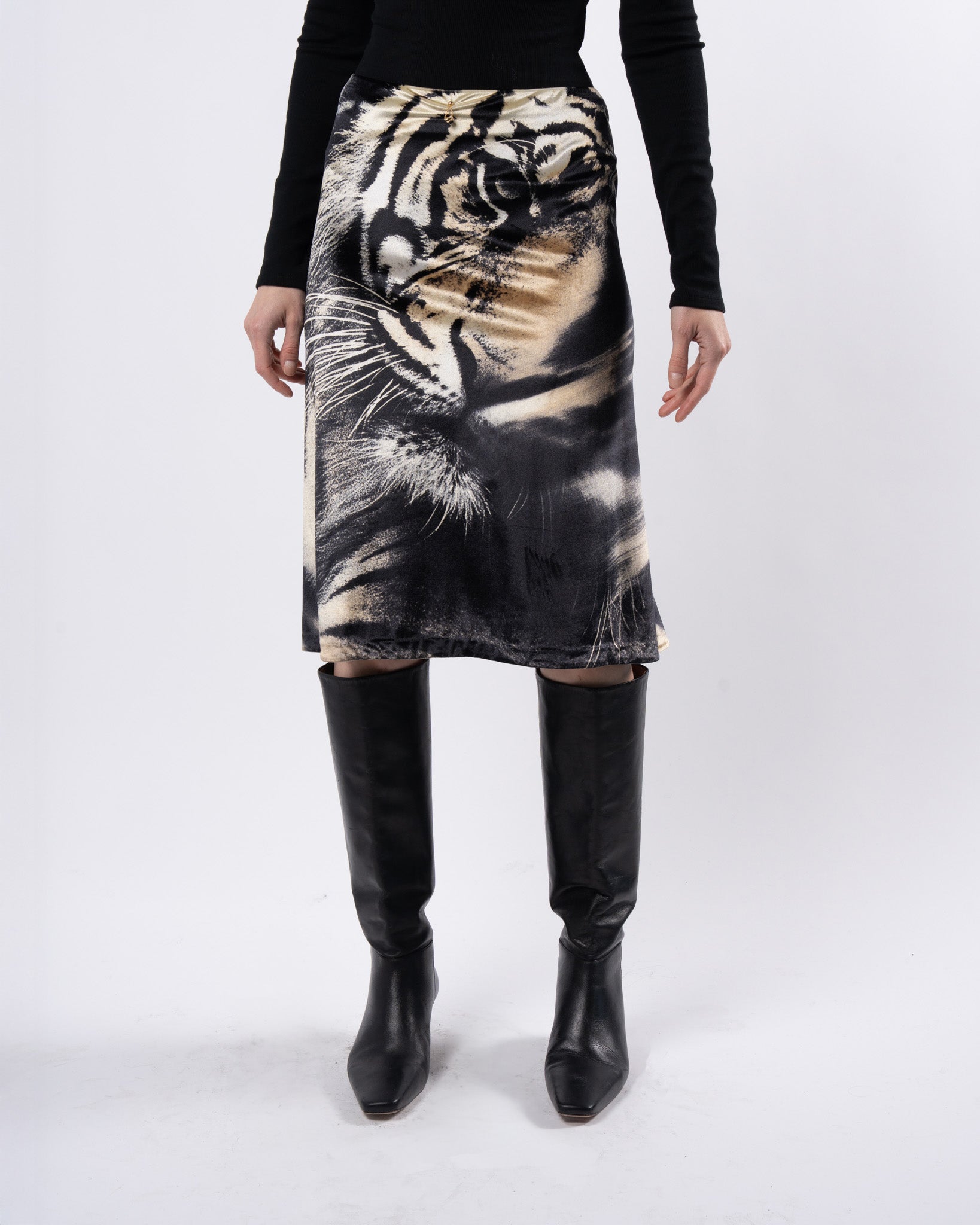 2001 Velvet Tiger Print Skirt with Gold Trim - Elegant & Stylish for Parties, Date Nights & Special Occasions